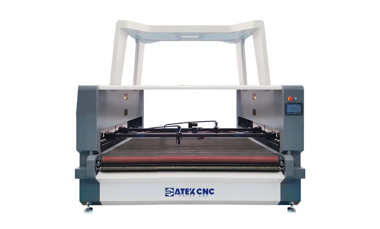Vision CO2 laser cutter with conveyor system for camera-guided cutting of printed materials and fabrics
