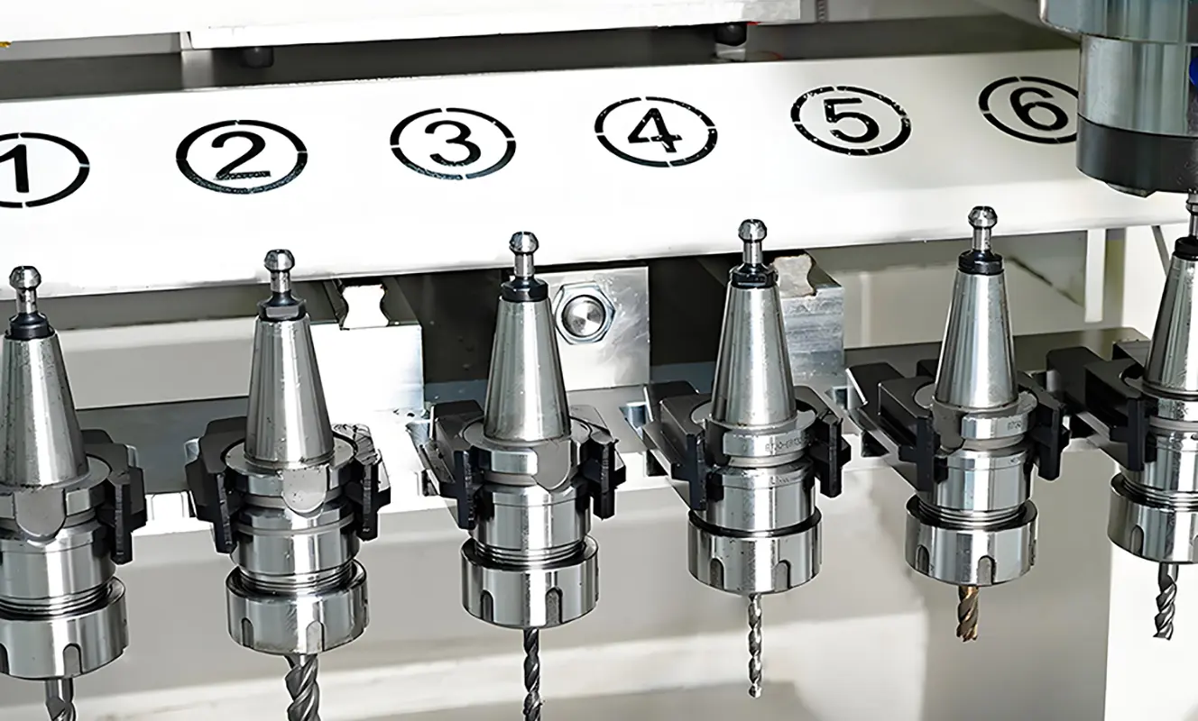 CNC Milling Machine with Linear Tool Changer CNC metal milling machine with a linear tool changer for automated metal machining.