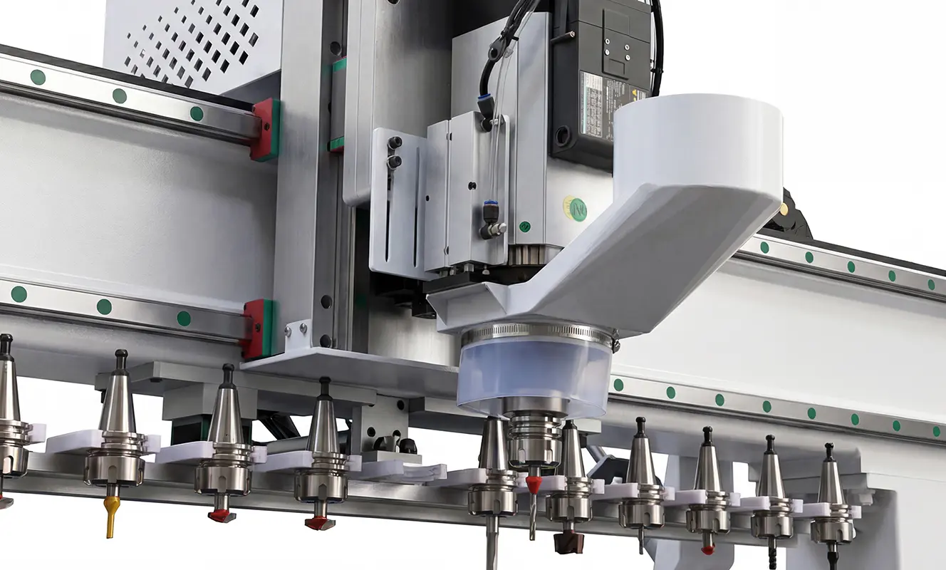 With an automatic tool changer, the CNC control system can select the required tool according to the preset machining sequence and continue machining without requiring the operator to change tools manually.