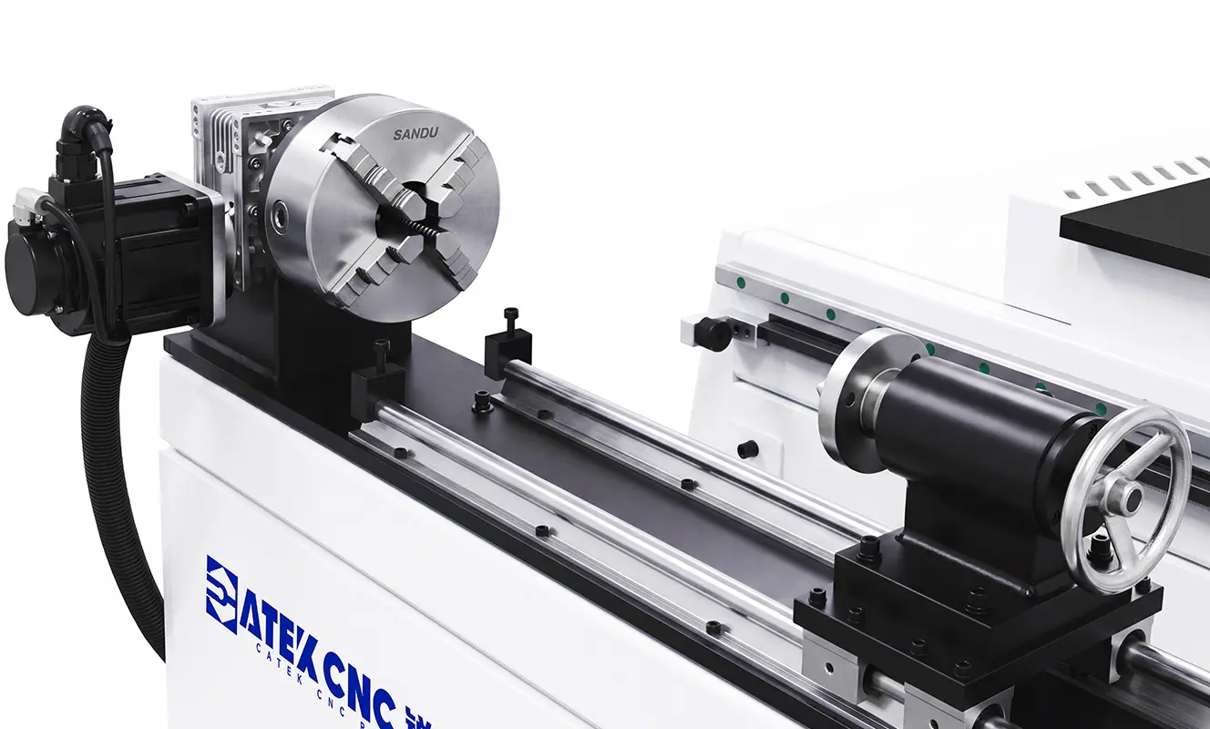 CNC router machine rotary fourth axis CATEKCNC CNC router with a rotary fourth axis, demonstrated for cylindrical workpieces and 3D machining during the Learn Your CNC factory visit.