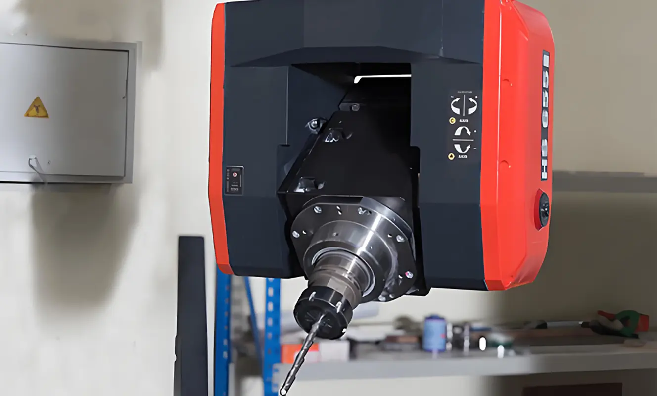 5 axis CNC router head designed for multi-angle machining of complex wooden furniture components, supporting precise cutting, carving, milling, and shaping.