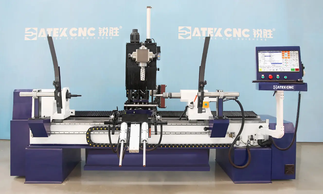 5 axis CNC wood lathe for machining chair legs, wooden columns, posts, and other irregular furniture components with turning, milling, carving, and drilling capabilities.