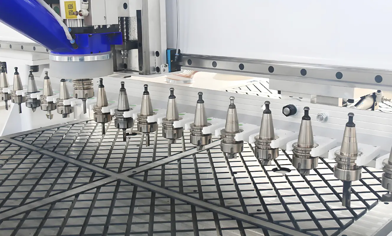 ATC CNC router with automatic tool changing for efficient cutting, drilling, grooving, milling, and carving of wooden furniture components.