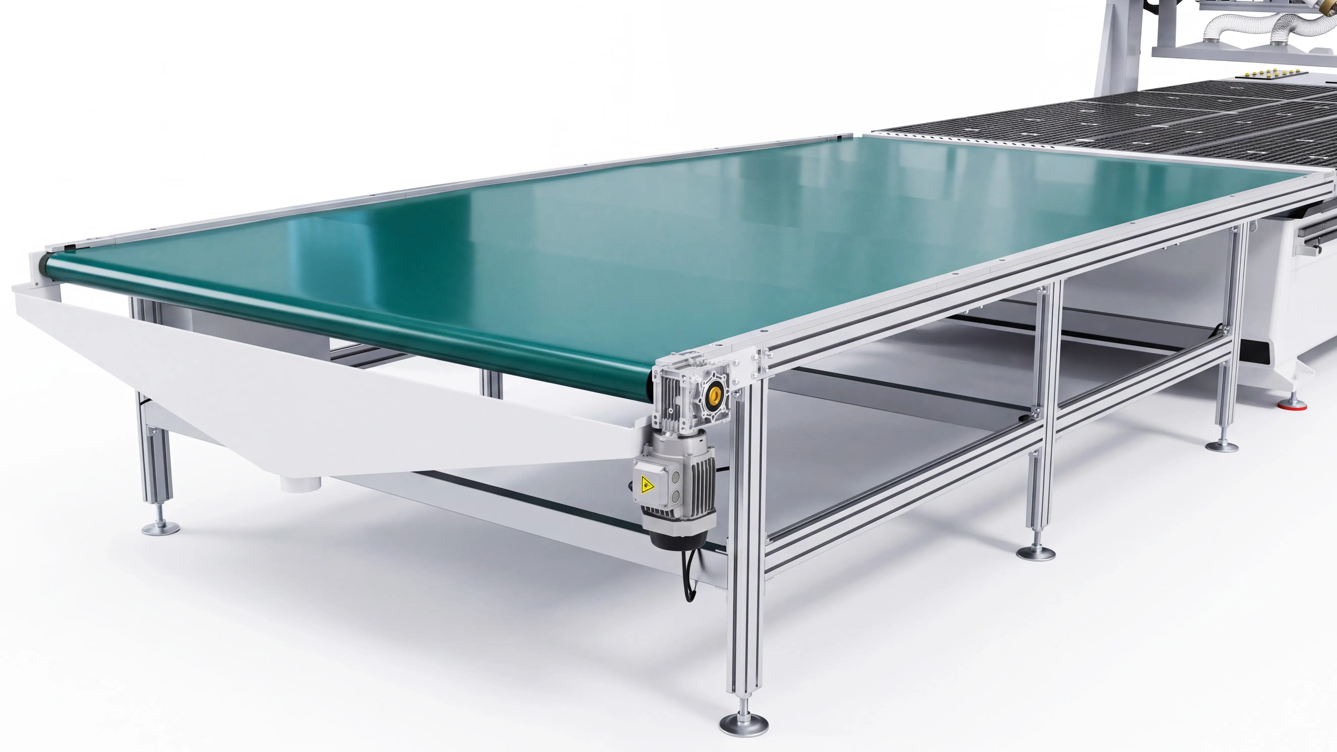 Conveyor-type automatic unloading table for Spire 2140 Automatic loading & unloading CNC nesting machine with 4-axis swing head and drilling unit