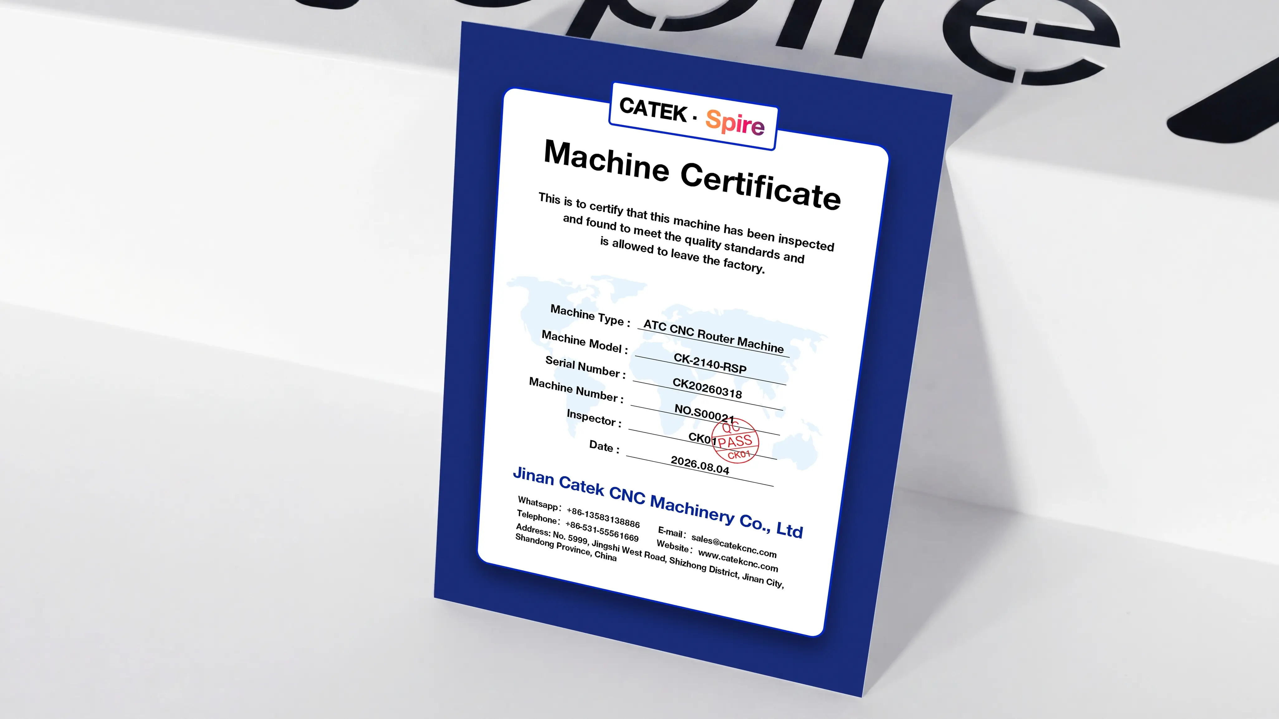 Machine certificate for Spire 2140 Automatic loading & unloading CNC nesting machine with 4-axis swing head and drilling unit
