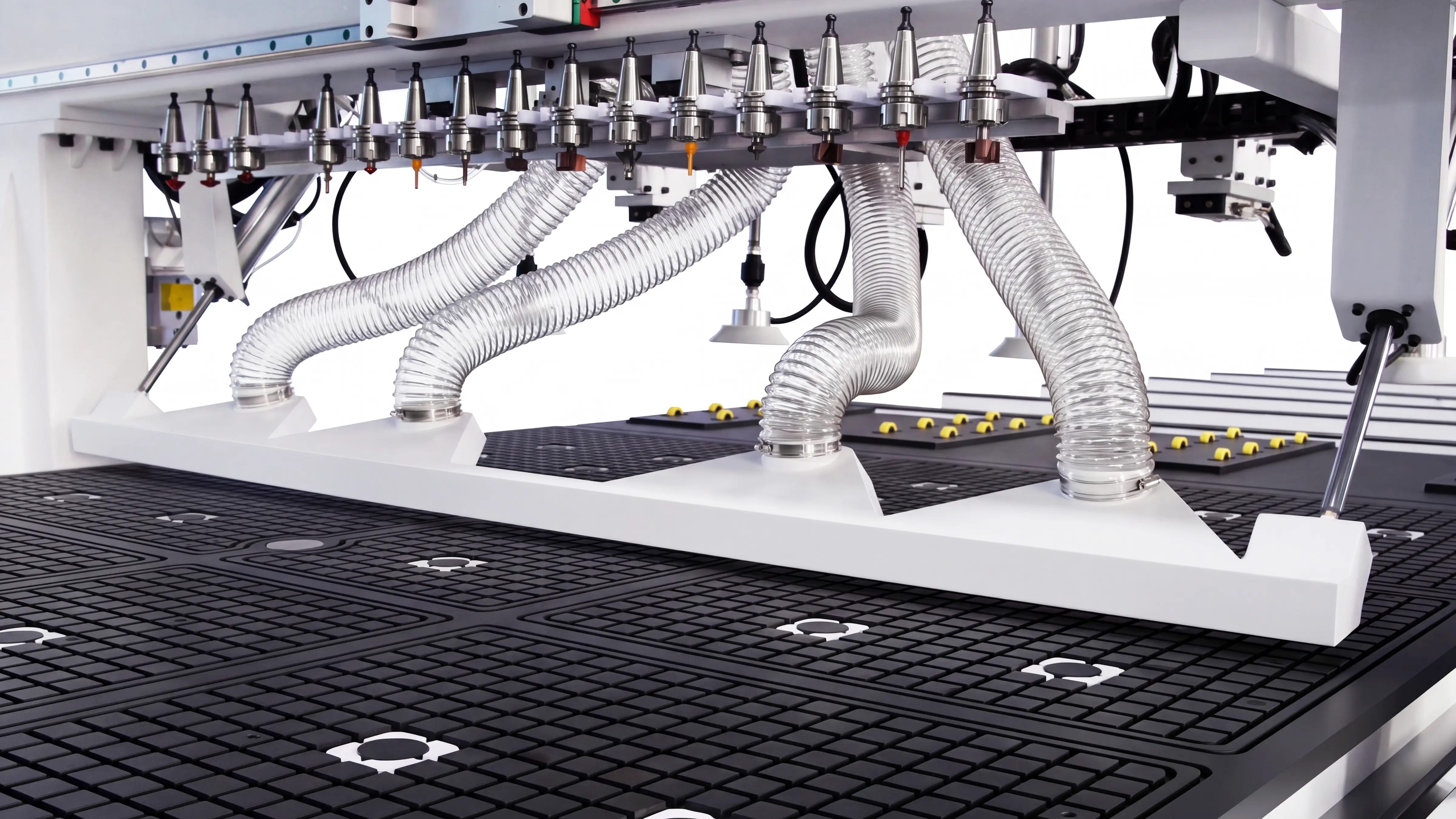 Rear automatic panel pusher for Spire 2140 Automatic loading & unloading CNC nesting machine with 4-axis swing head and drilling unit