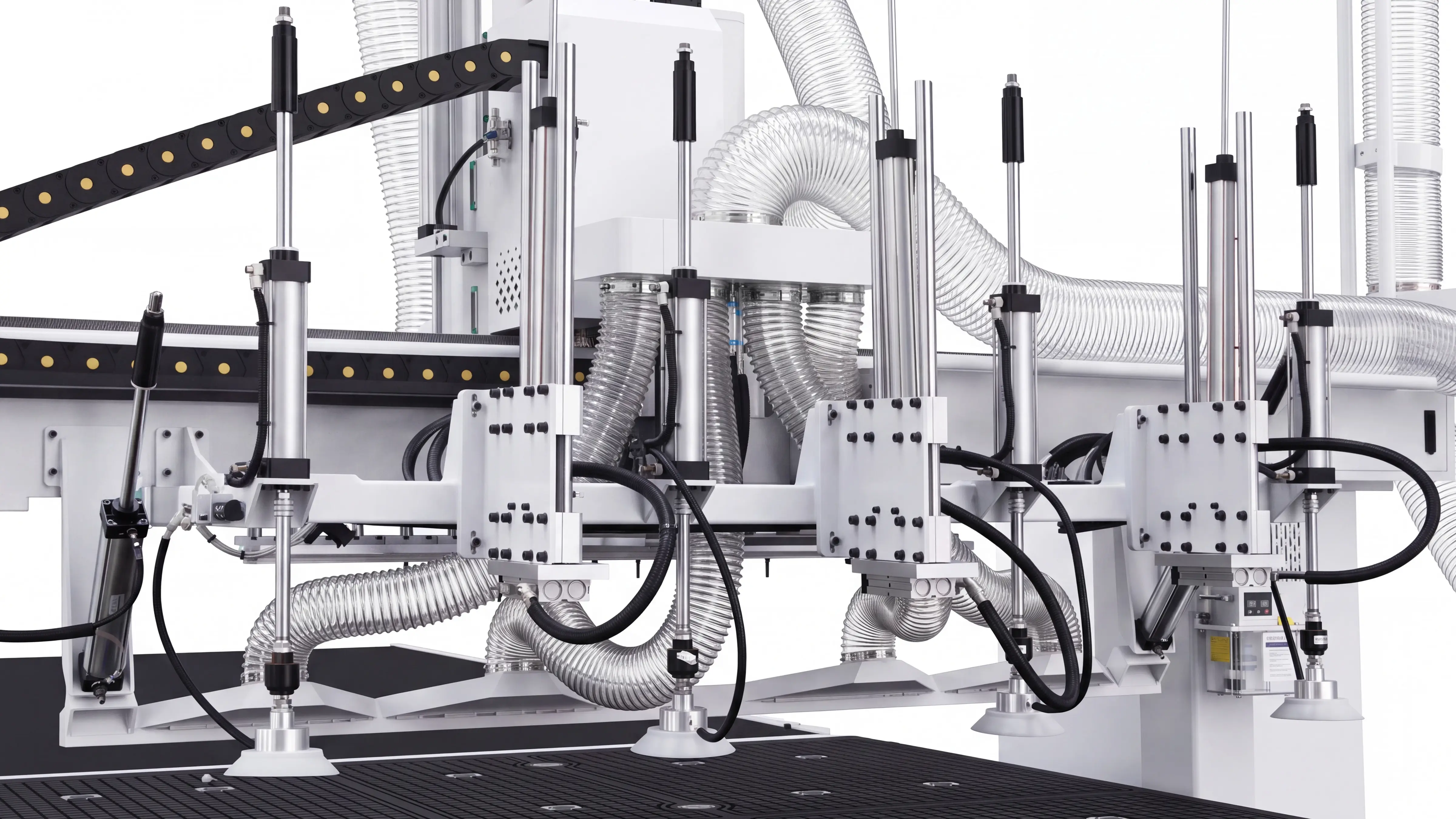Vacuum suction cup feeding system for Spire 2140 Automatic loading & unloading CNC nesting machine with 4-axis swing head and drilling unit