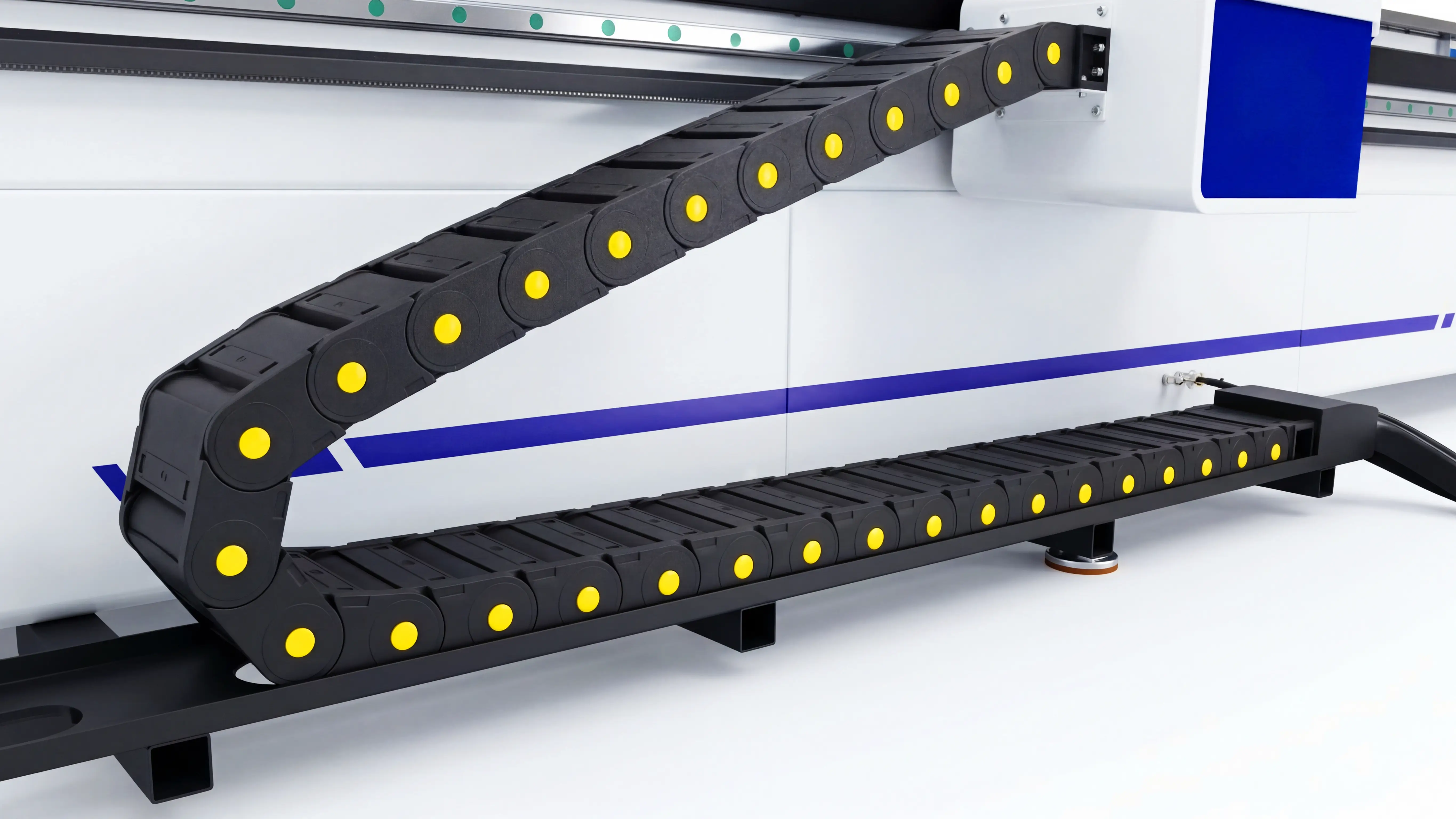 Fully Enclosed Cable Protection Drag Chain of Spire 2140 Automatic loading & unloading CNC nesting machine with 4-axis swing head and drilling unit