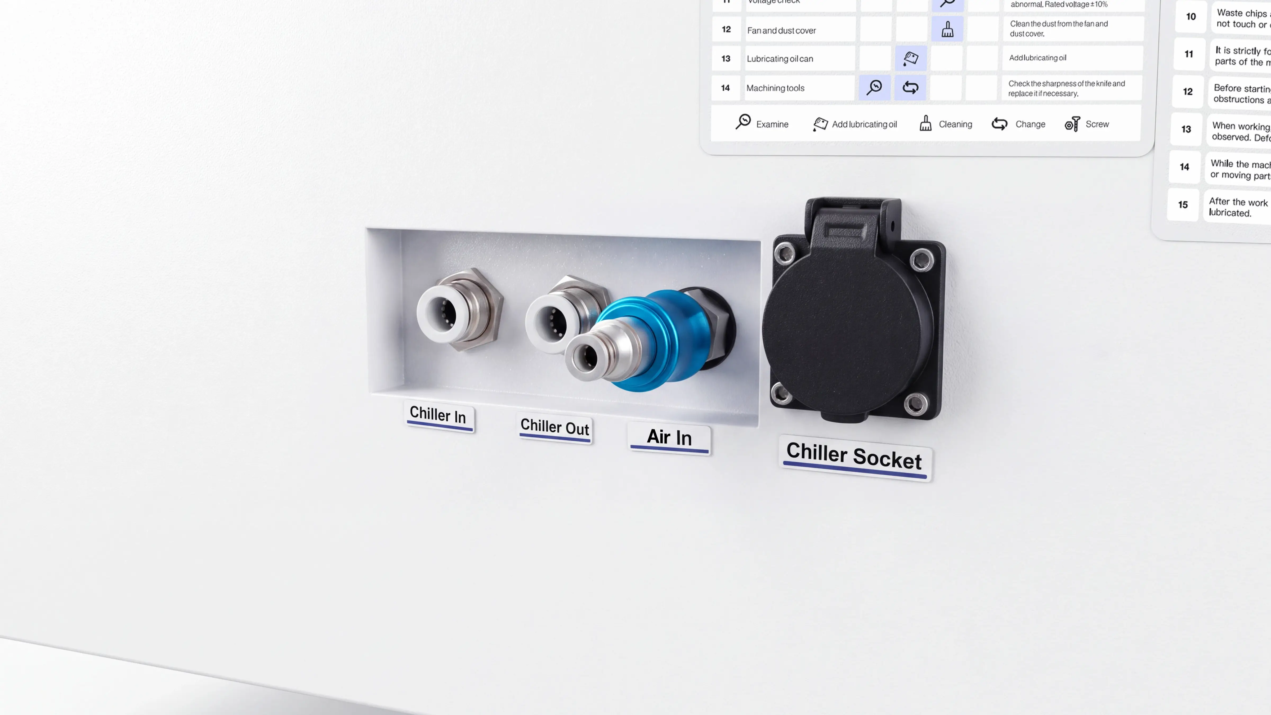 Pneumatic slide valve and quick-connect chiller interfaces of Spire 2130 CNC wood router machine