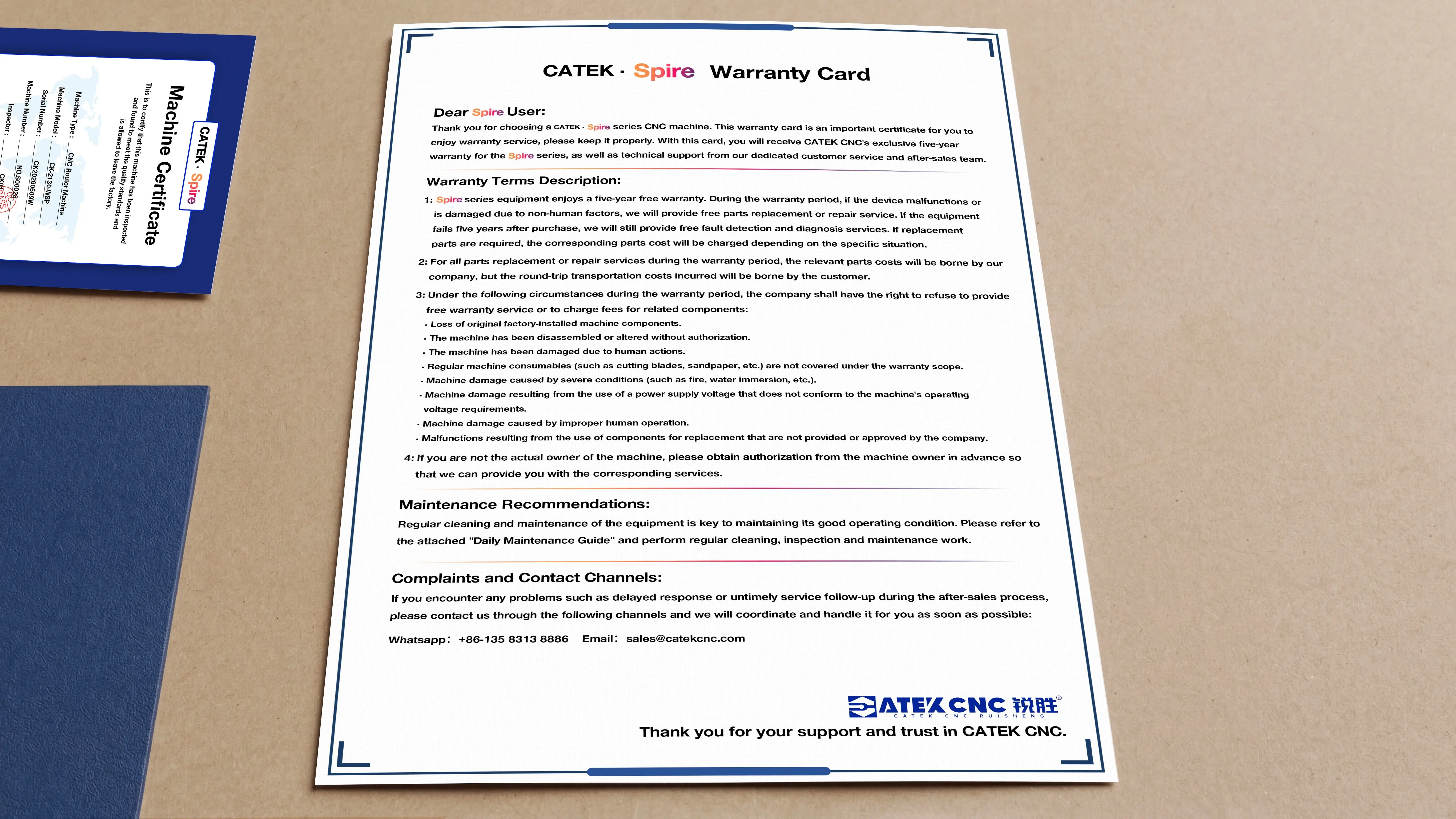 Warranty card for Spire 2130 CNC wood router machine