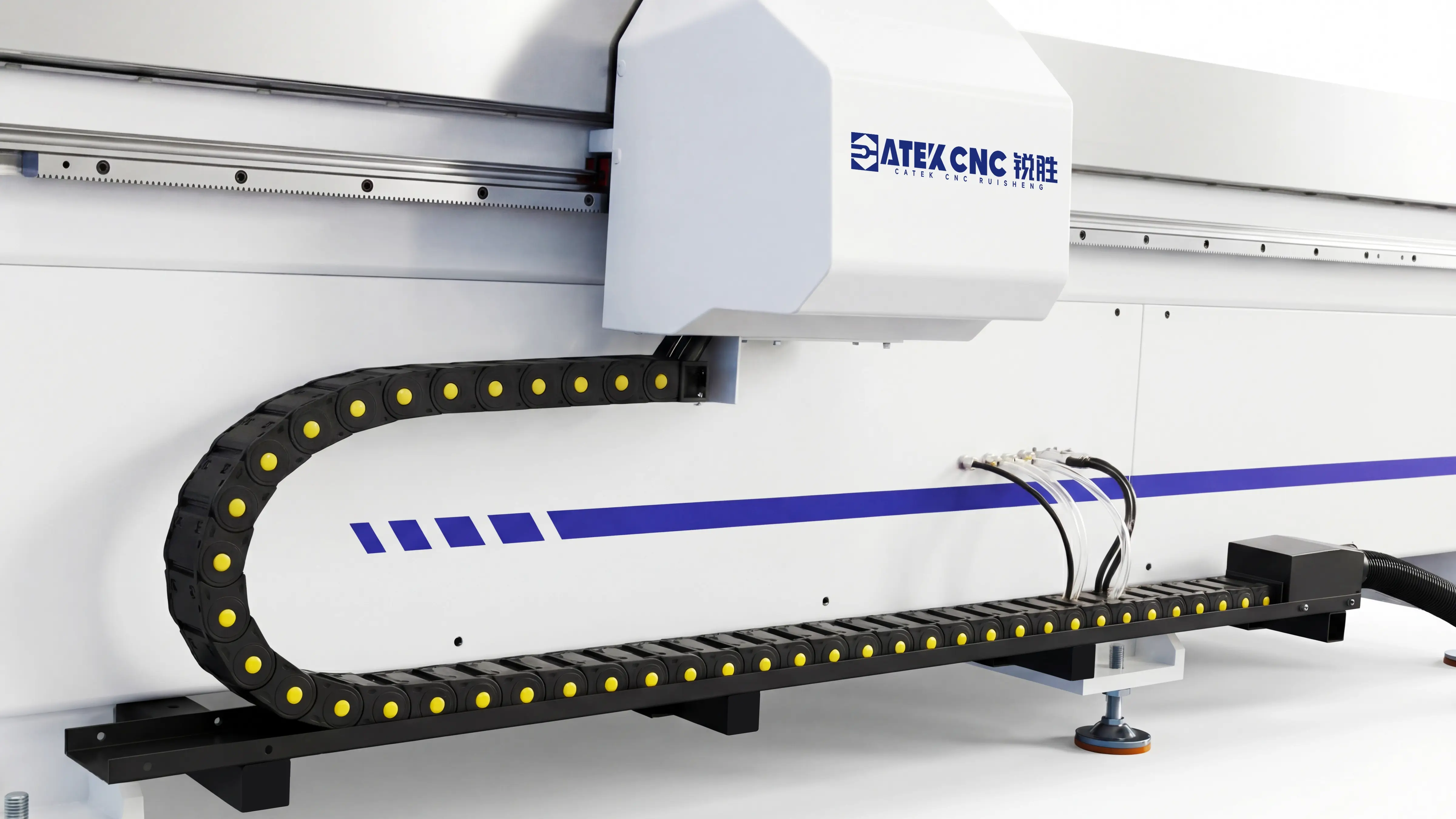 Fully enclosed high-strength cable carrier of Spire 1325 CNC router with flood cooling