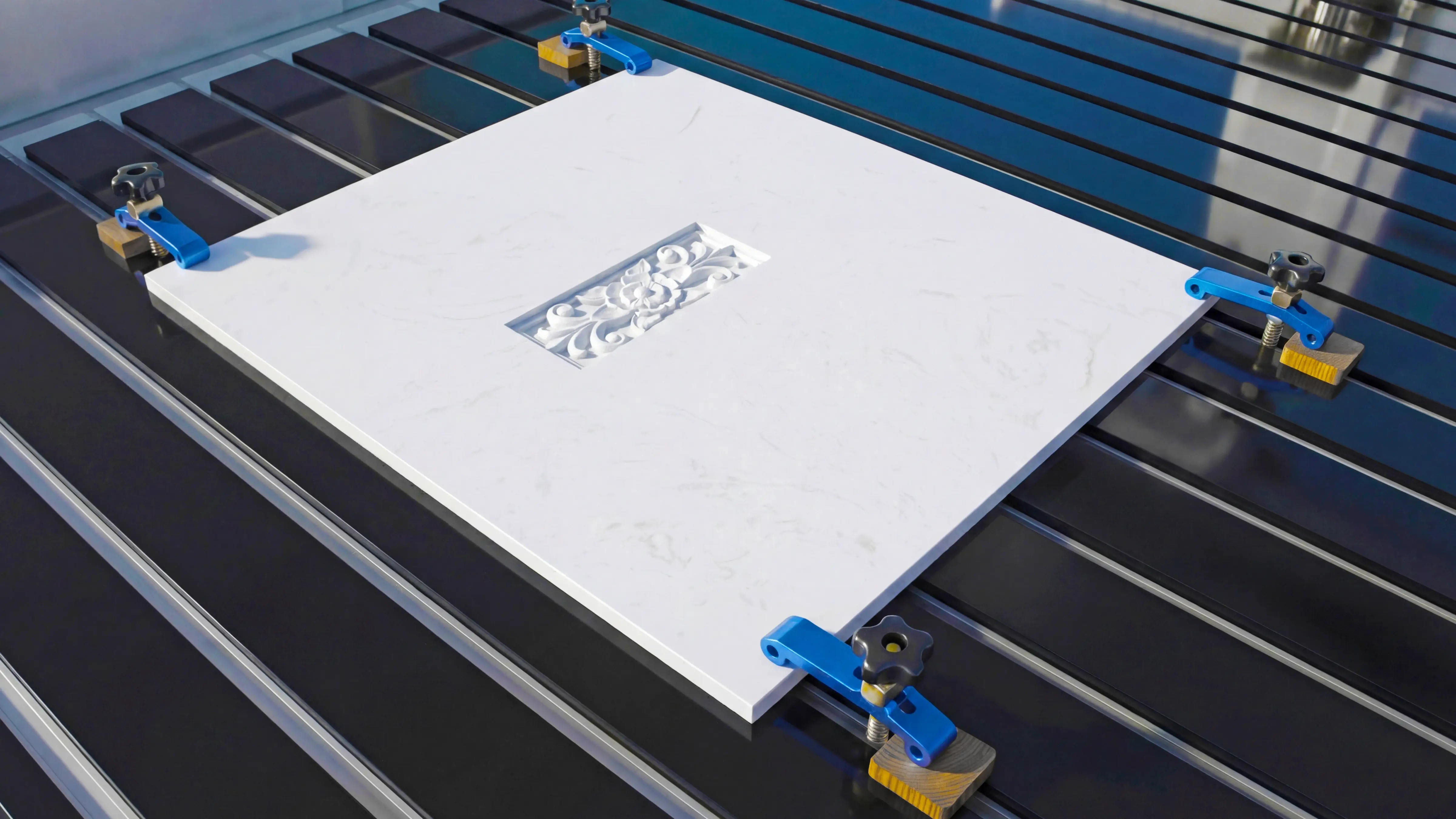 Aluminum alloy T‑slot worktable of Spire 1325 CNC router with flood cooling