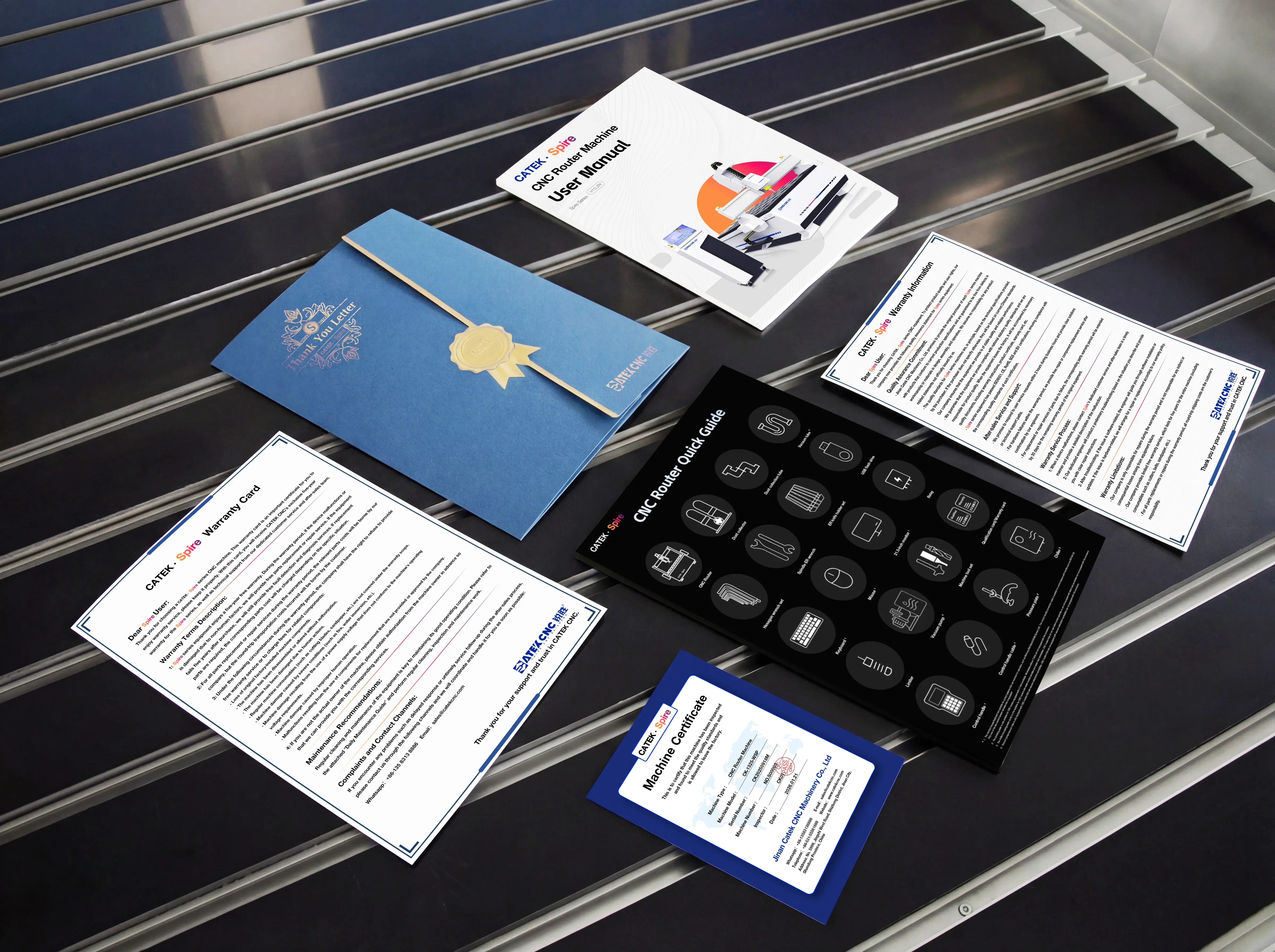 User manual, warranty card, quick guide, machine certificate and letter of thanks