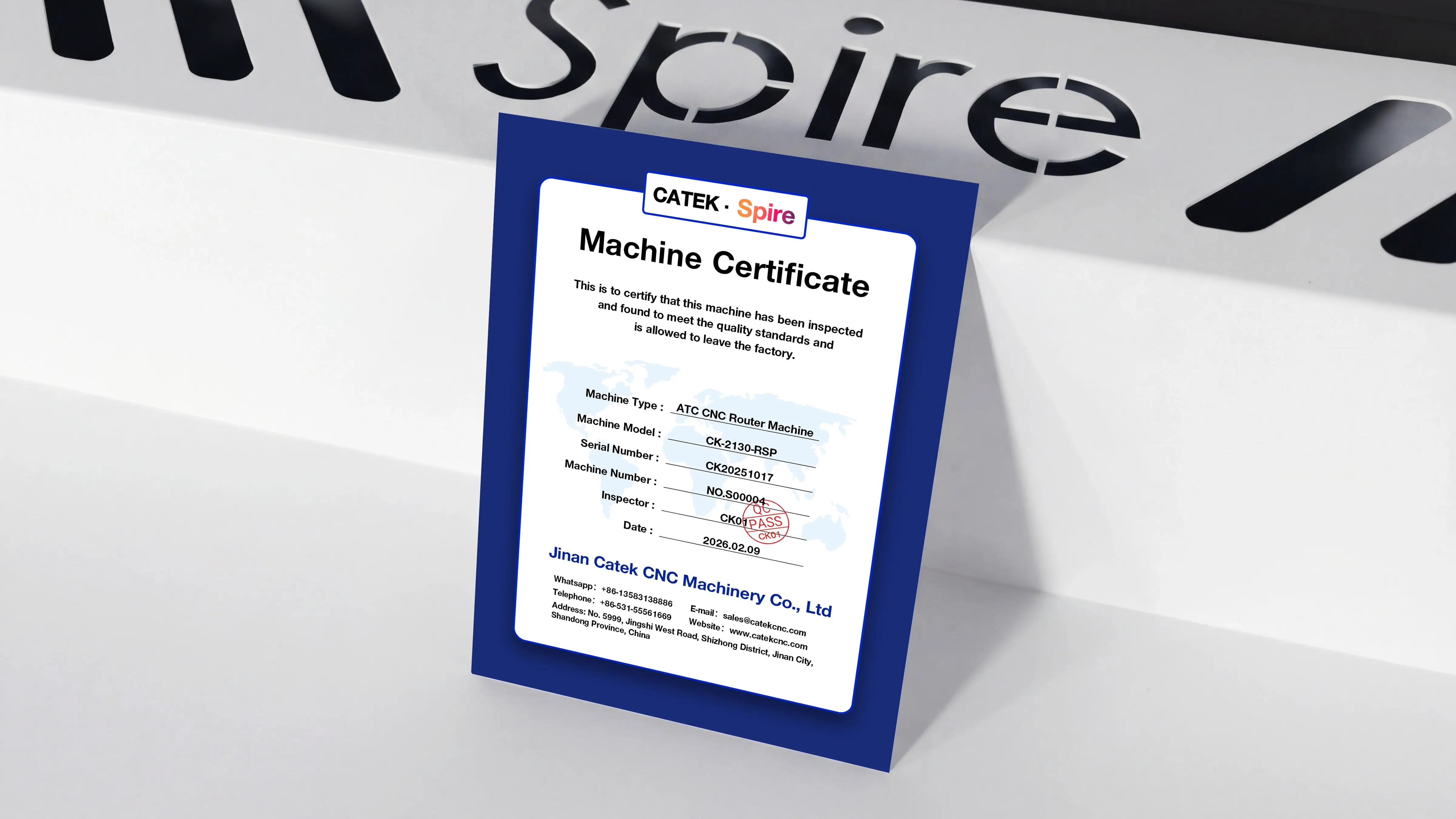 Machine certificate for Spire 2130 ATC CNC router