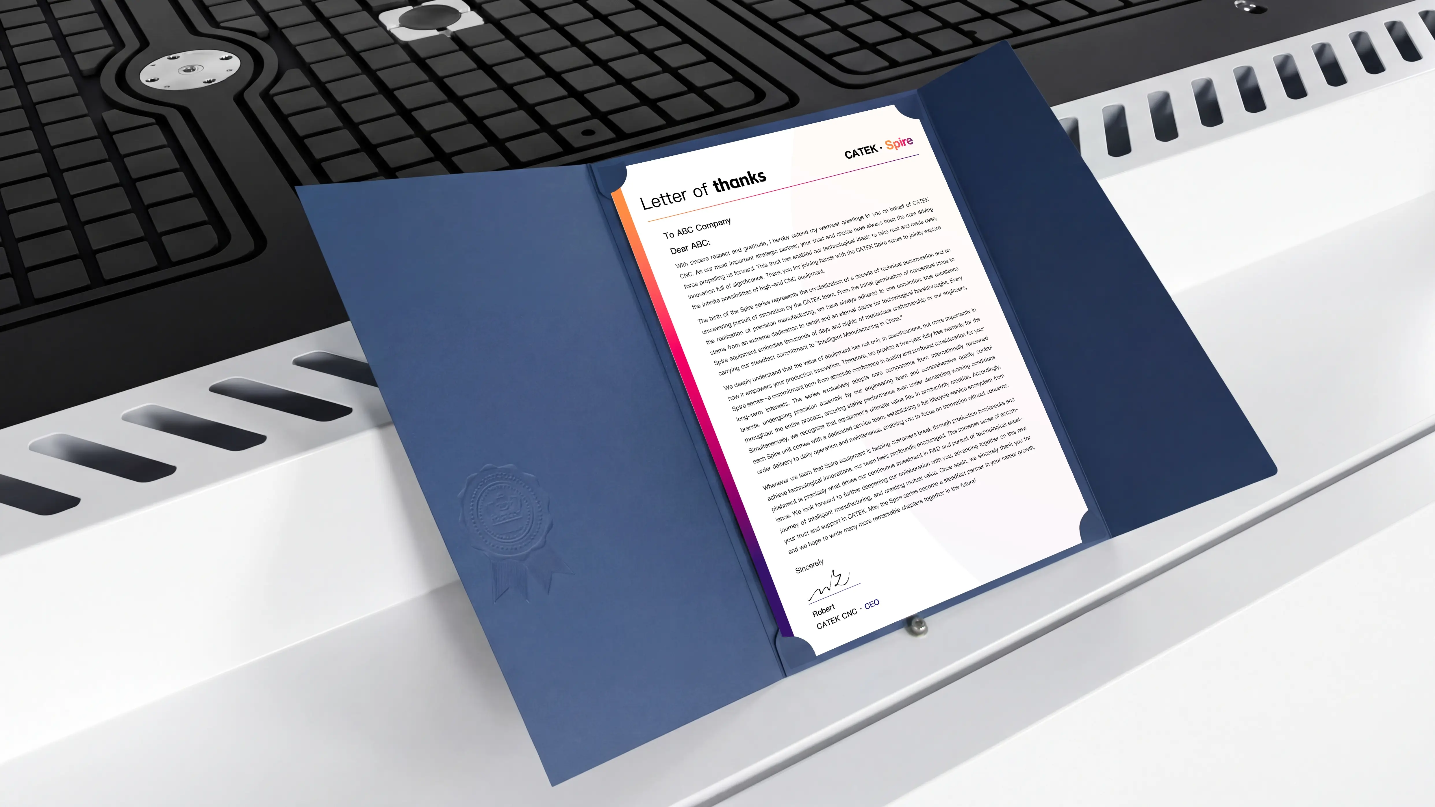 Letter of thanks for Spire 2130 ATC CNC router