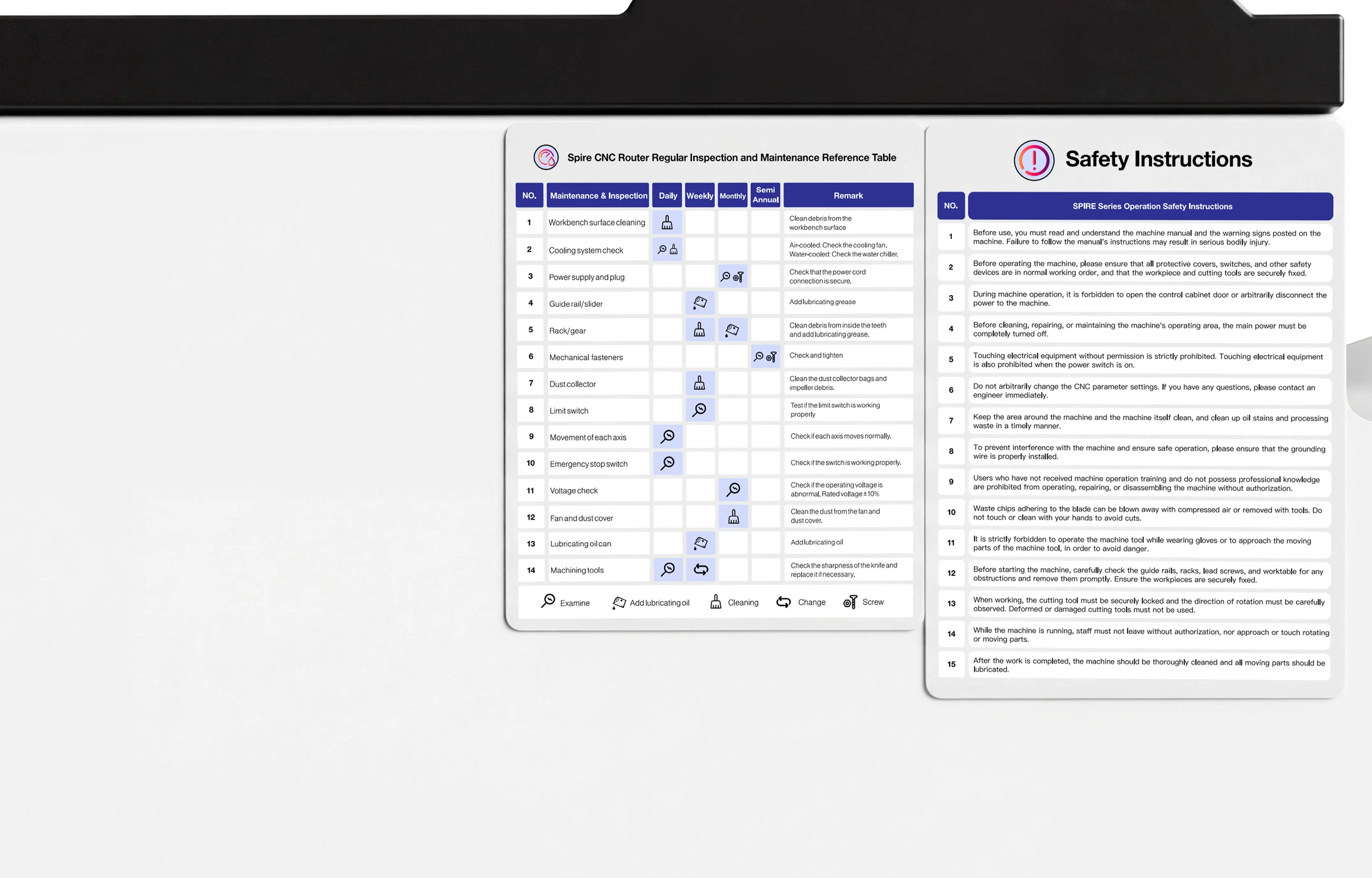 Maintenance instructions of Spire 2130 ATC CNC router