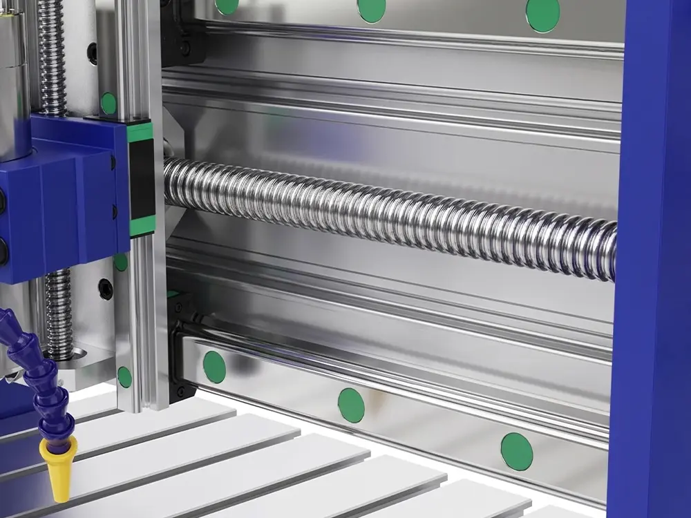 Hiwin HG-15 high-rigidity linear guide and Taiwan TBI precision ball screw system of the 3040 CNC Router, providing smooth axis movement, high positioning accuracy, and stable machining performance.