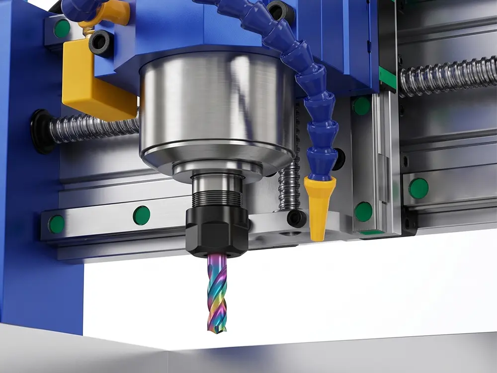 Water spray nozzle installed on the 3040 CNC Router spindle system, delivering coolant directly to the cutting area for effective heat reduction, dust control, and stable wet machining performance.