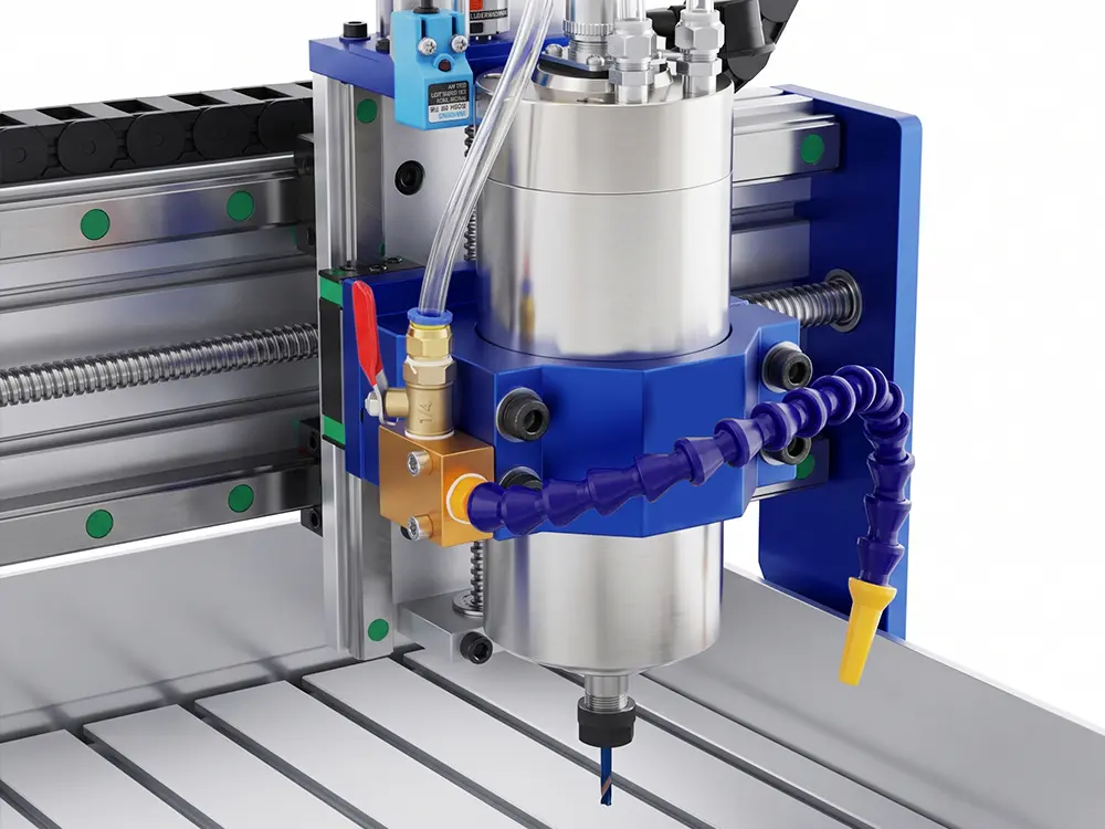 1500W high-speed water-cooled spindle with variable frequency control for the 3040 CNC Router, providing stable performance for precision engraving, milling, and wet machining applications.