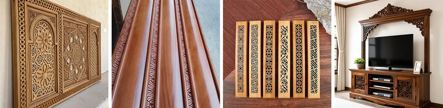 Applications of the 4-station ATC CNC wood router in the decorative building materials and custom architectural components industry: wooden decorative panels, door panels, cabinet panels, skirting boards, etc. Applications of the 4-station ATC CNC wood router in the decorative building materials and custom architectural components industry: wooden decorative panels, door panels, cabinet panels, skirting boards, etc.