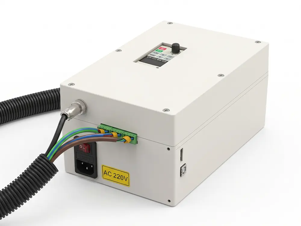 Integrated control cabinet for the desktop CNC Router, featuring organized wiring, protected electronic components, and efficient heat dissipation to ensure reliable machine operation during precision machining.