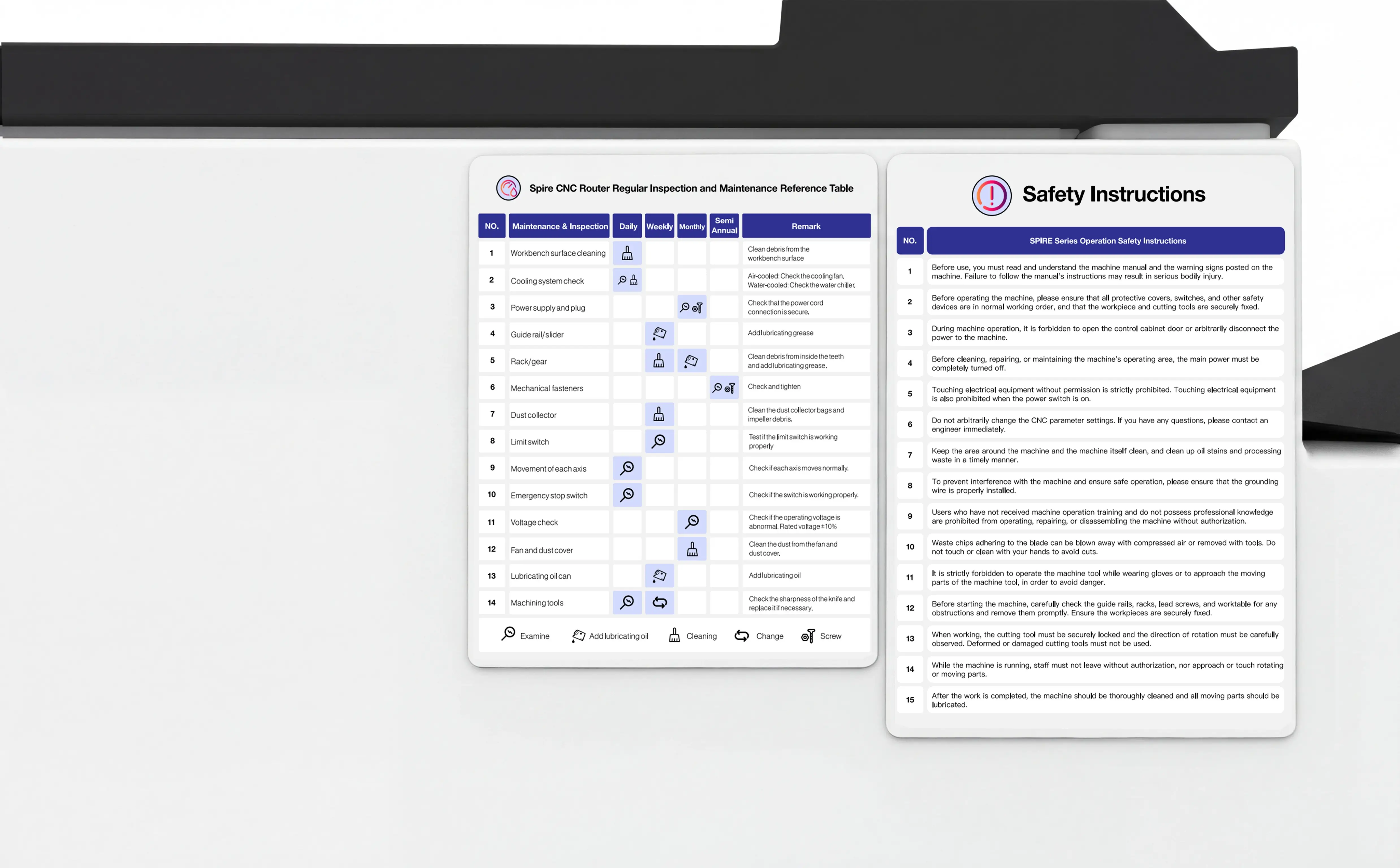 Maintenance instructions for Spire 1325 linear ATC CNC wood router