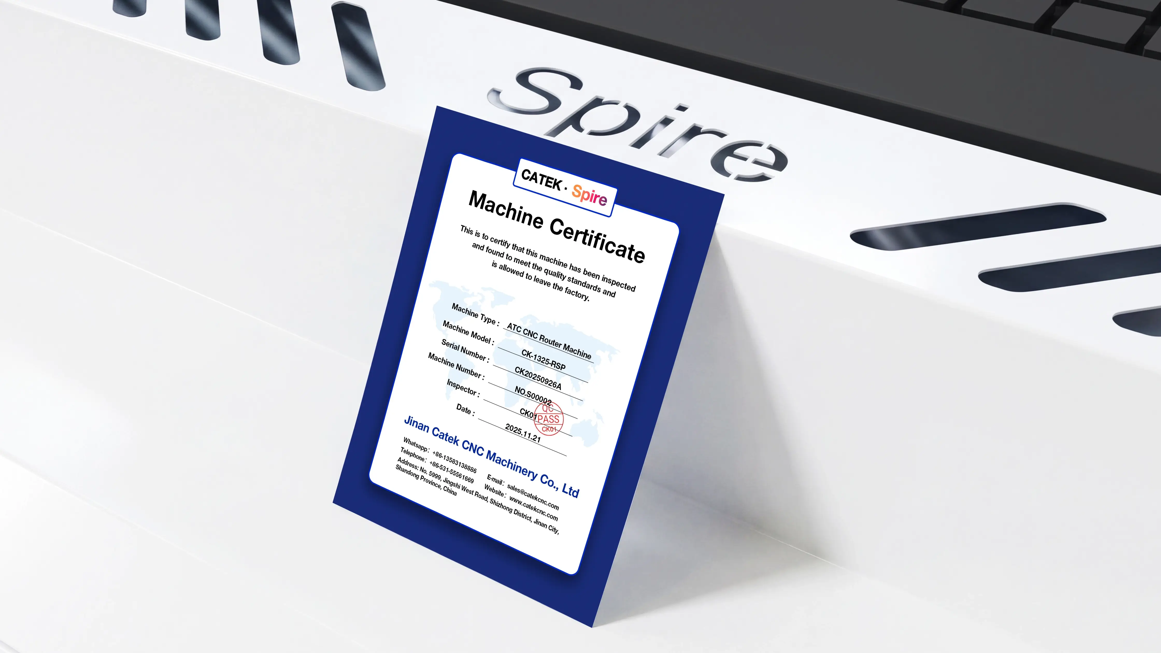 Machine certificate for Spire 1325 linear ATC CNC wood router
