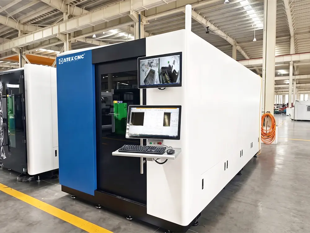 Front left view of the enclosed fiber laser sheet cutting machine with shuttle table Front left view of the enclosed fiber laser sheet cutting machine with shuttle table