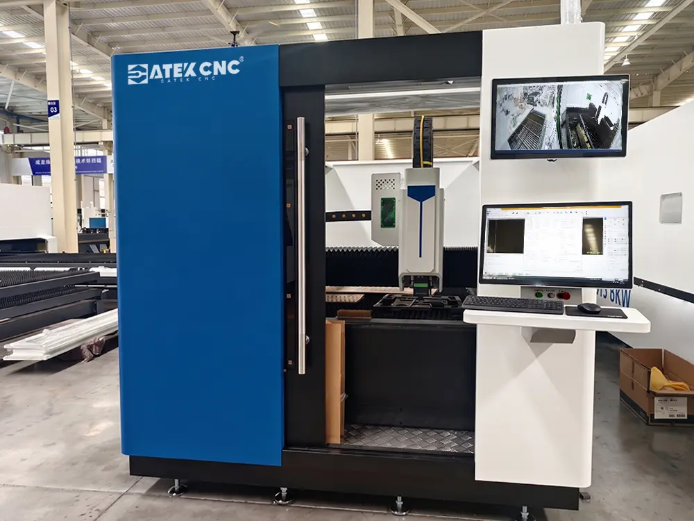 Front view of the enclosed fiber laser sheet cutting machine with shuttle table Front view of the enclosed fiber laser sheet cutting machine with shuttle table