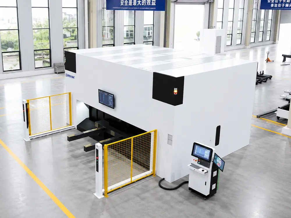 Top front left view of the 3D 5-axis fiber laser cutting machine with rotary exchange worktable Top front left view of the 3D 5-axis fiber laser cutting machine with rotary exchange worktable