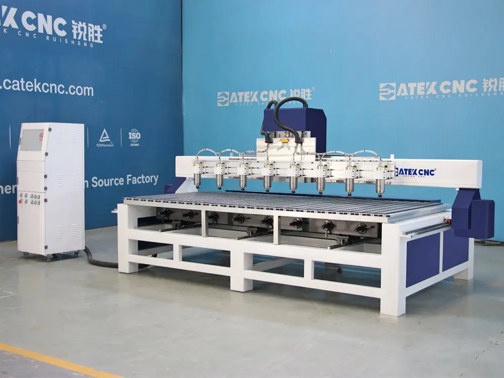 Front left view of 8-station 3D & 2D integrated CNC wood router Front left view of 8-station 3D & 2D integrated CNC wood router