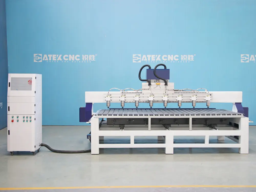 Front view of 8-station 3D & 2D integrated CNC wood router Front view of 8-station 3D & 2D integrated CNC wood router