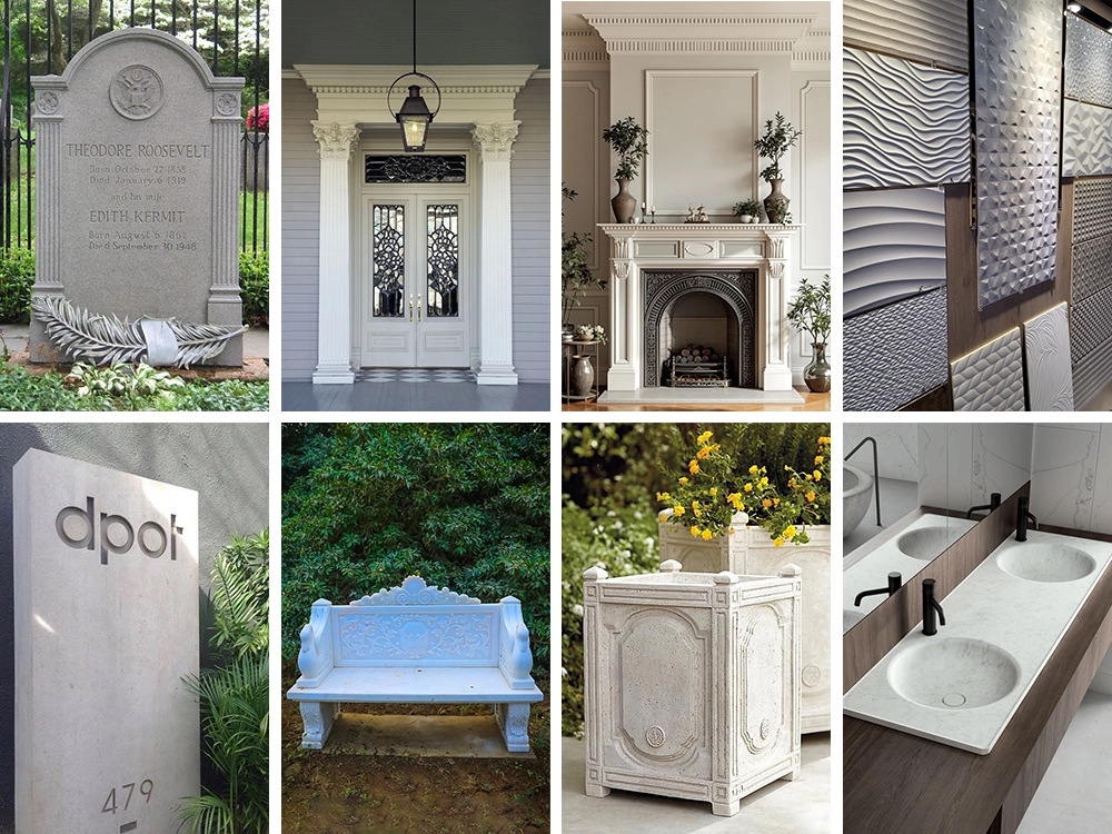 The CNC stone router can process a wide range of products, including tombstones, monuments, decorative panels, fireplaces, stone signs, stone chair panels, flower pots, sinks, and more. The CNC stone router can process a wide range of products, including tombstones, monuments, decorative panels, fireplaces, stone signs, stone chair panels, flower pots, sinks, and more.