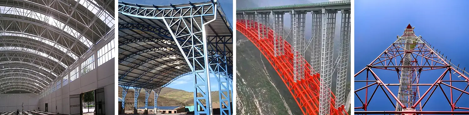 Applications of the 3-chuck fiber laser tube cutting machines in the steel structure construction industry: factory building roof structures, bridge structures, and tower-mast structures, etc. Applications of the 3-chuck fiber laser tube cutting machines in the steel structure construction industry: factory building roof structures, bridge structures, and tower-mast structures, etc.