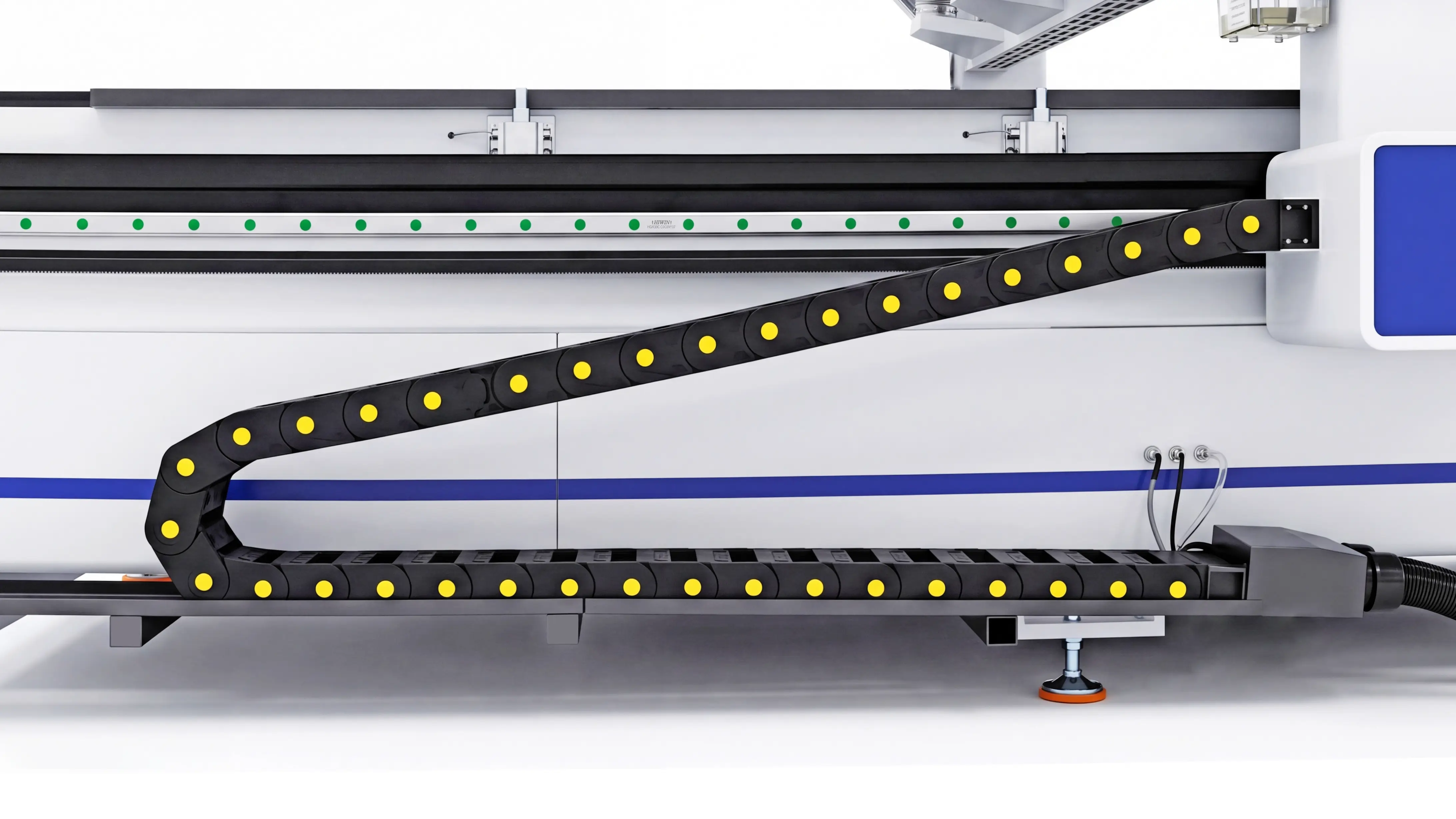 Fully enclosed high-strength cable carrier of Spire 2130 CNC router with 4-axis swing head and rotary 4th axis