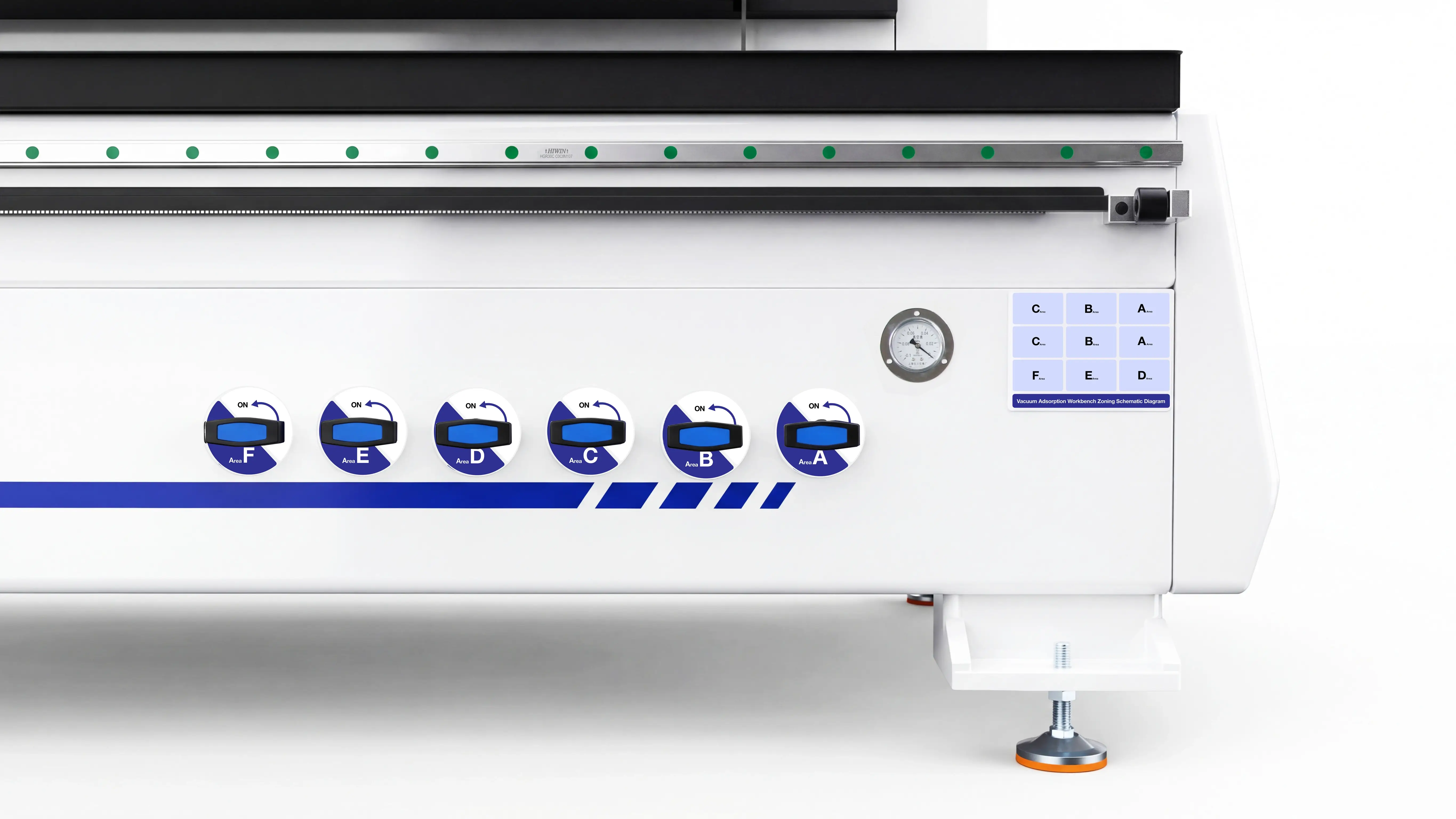 Vacuum zone control switches for Spire 2130 CNC router with 4-axis swing head and rotary 4th axis