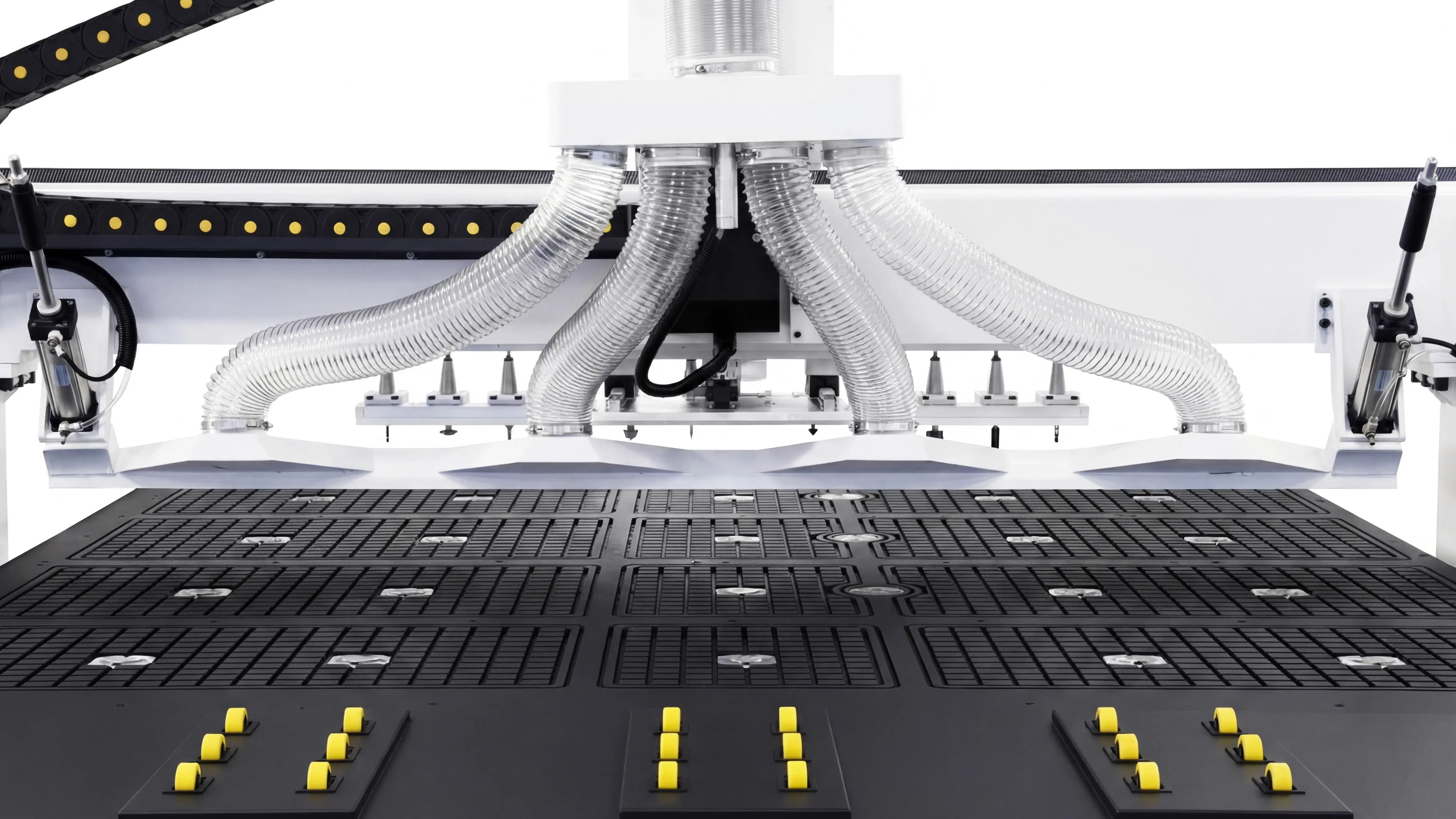 Rear automatic panel pusher for Spire 2130 CNC router with 4-axis swing head and rotary 4th axis