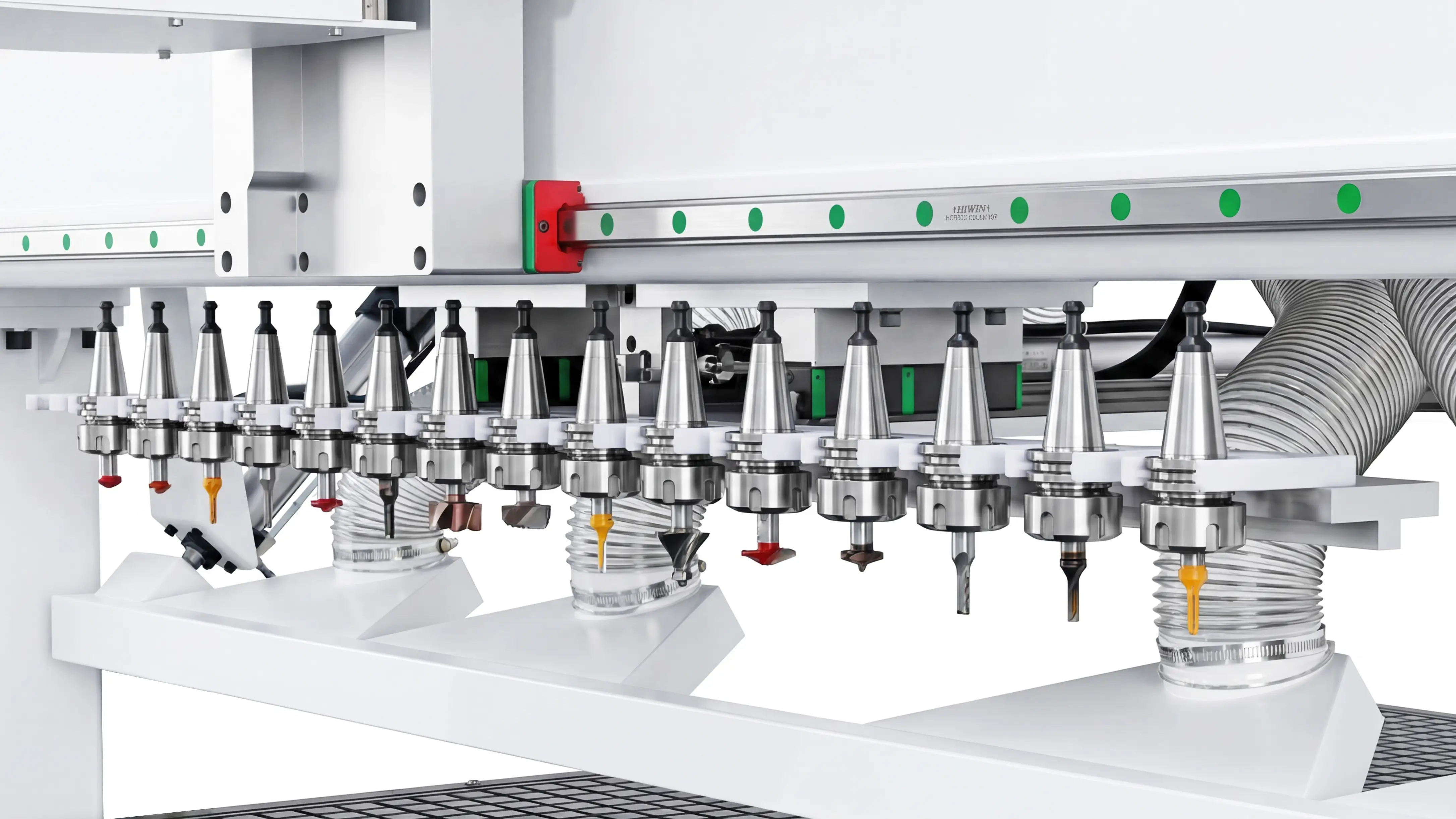 Linear automatic tool changer (ATC) magazine for Spire 2130 CNC router with 4-axis swing head and rotary 4th axis