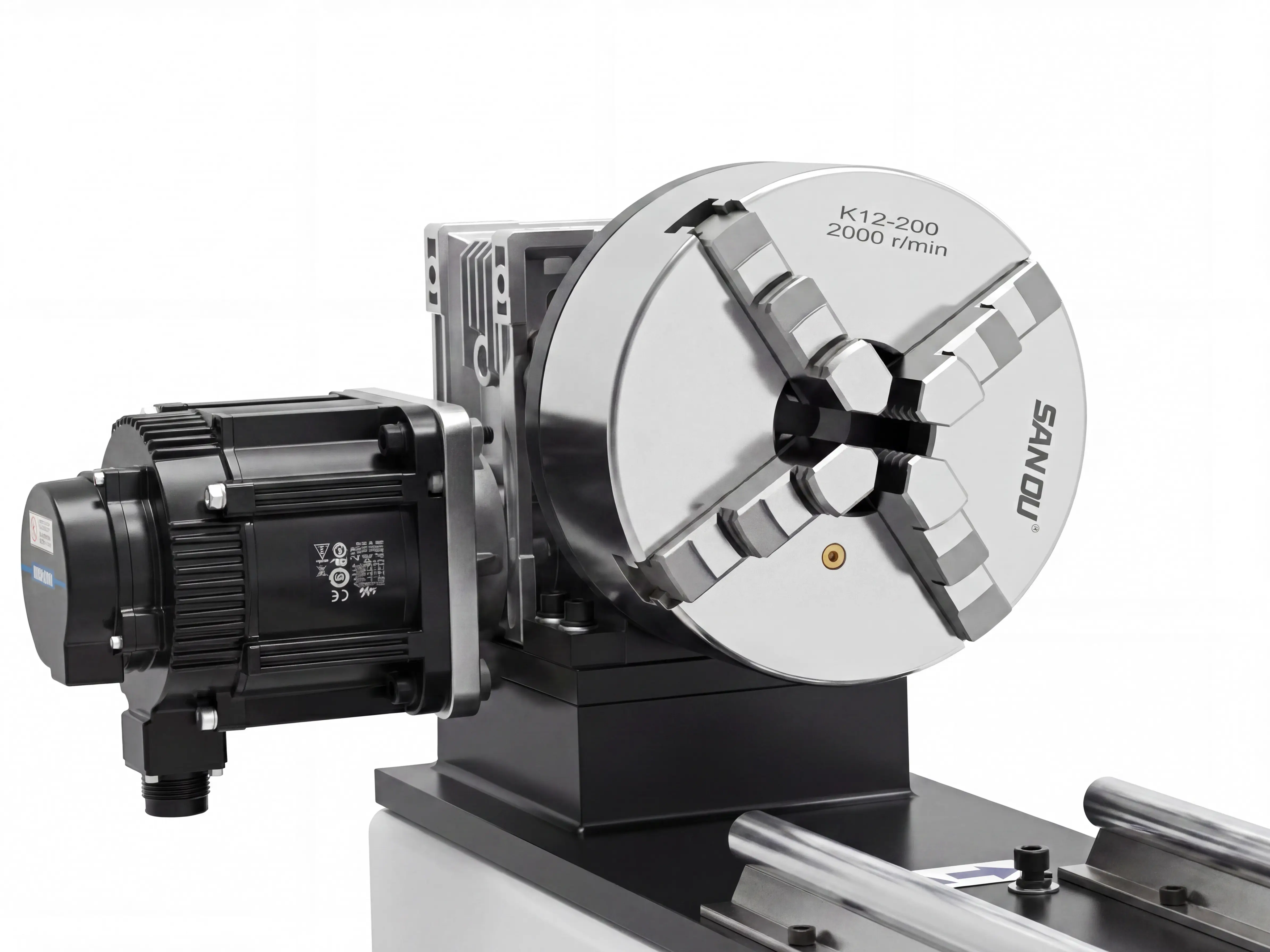 Side-mounted rotary 4th axis of Spire 2130 CNC router with 4-axis swing head and rotary 4th axis
