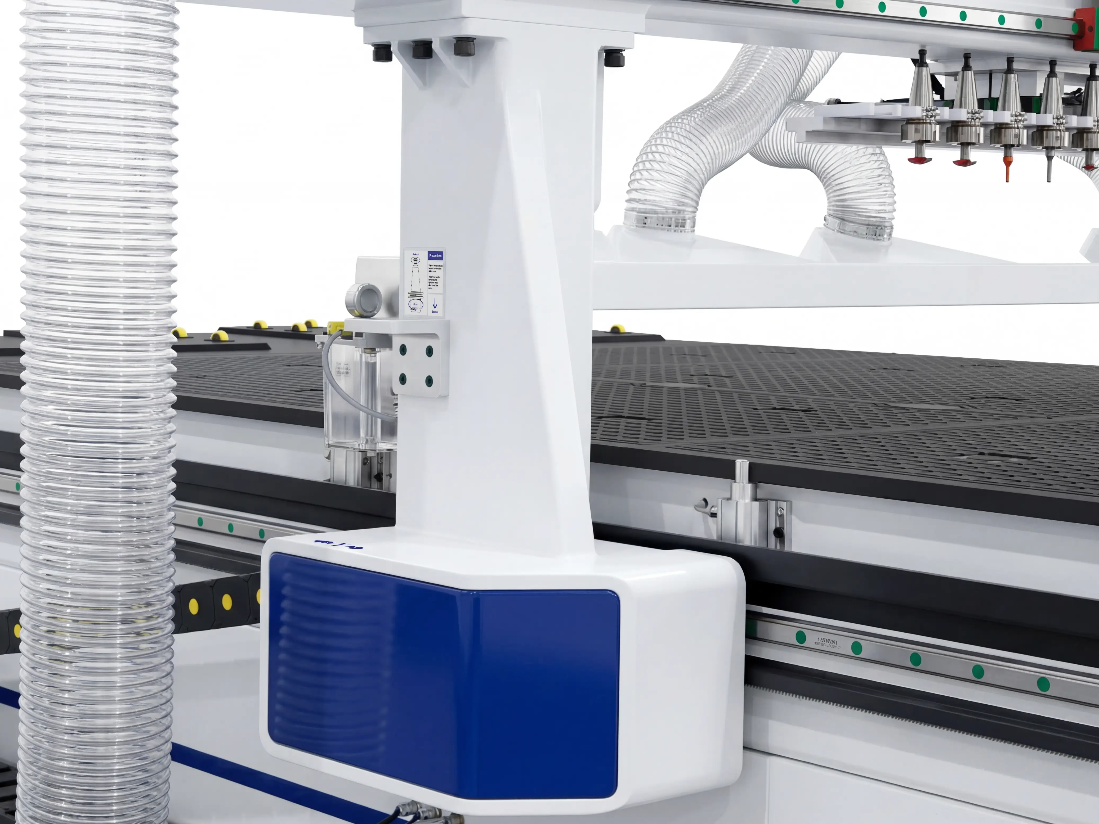 High rigidity gantry columns of Spire 2130 CNC router with 4-axis swing head and rotary 4th axis