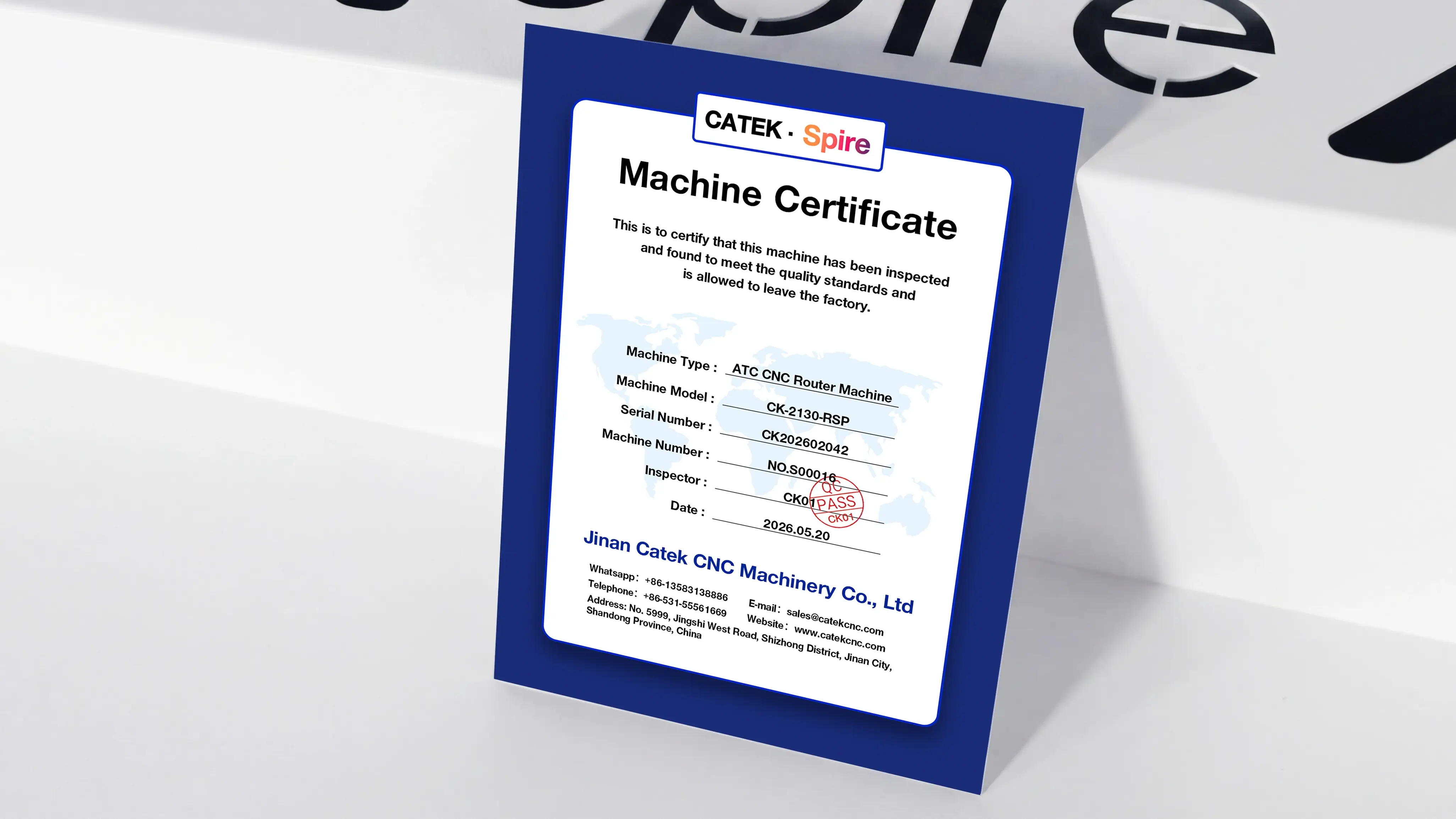 Machine certificate for Spire 2130 CNC router with 4-axis swing head and rotary 4th axis