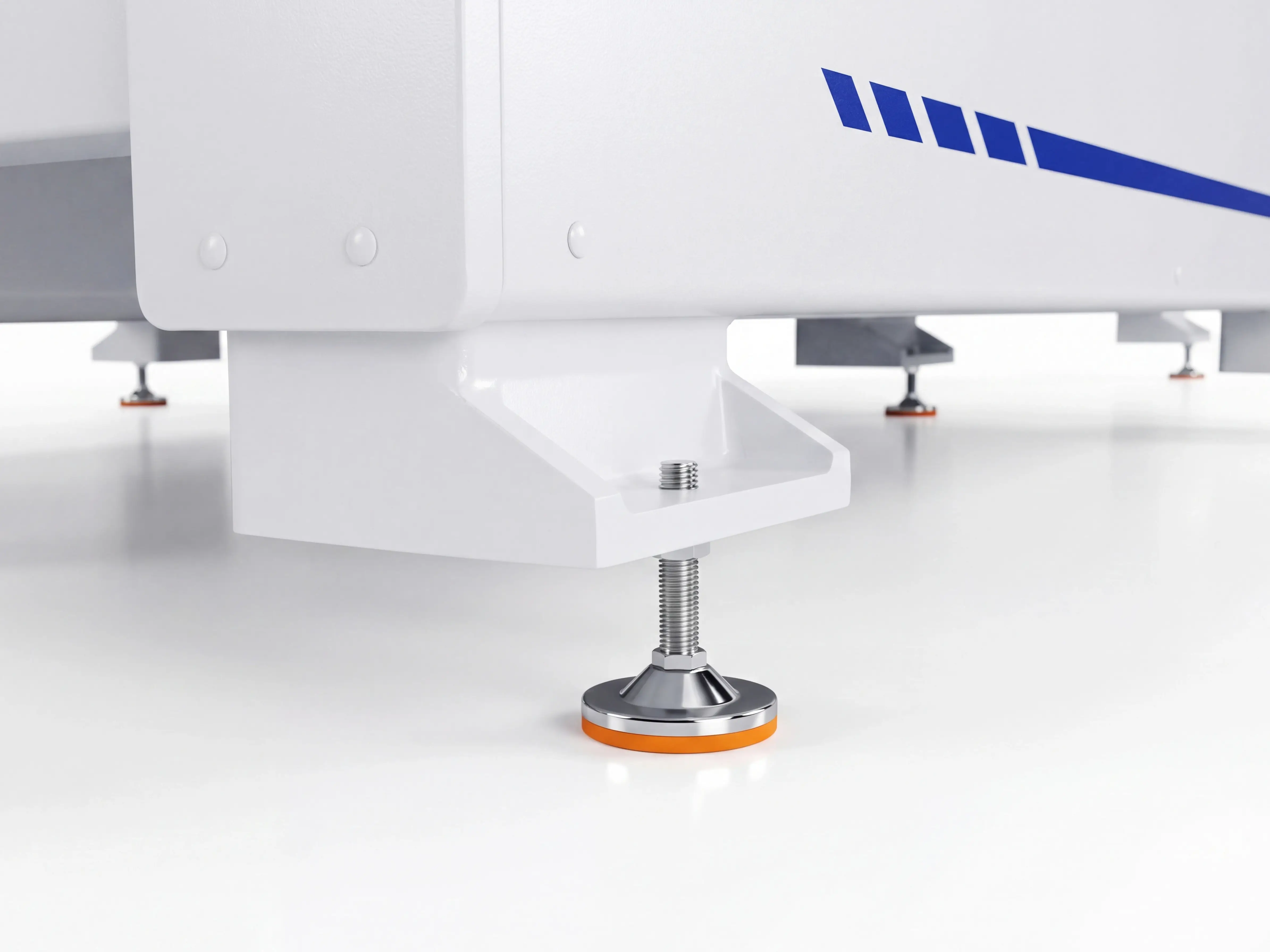 Adjustable leveling feet for Spire 2130 CNC router with 4-axis swing head and rotary 4th axis