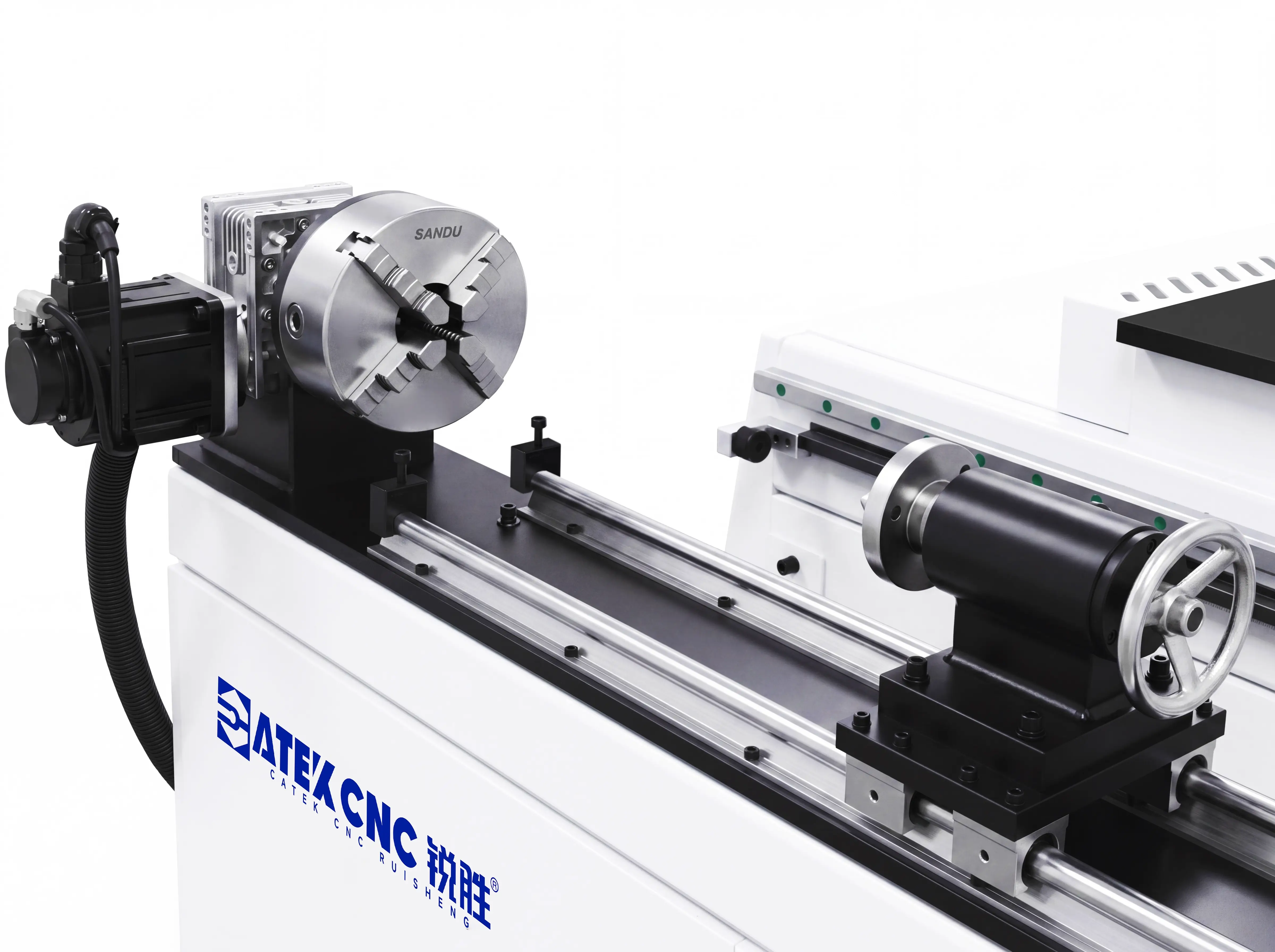 Side-mounted rotary 4th axis of Spire 2130 CNC router with 4-axis swing head and rotary 4th axis