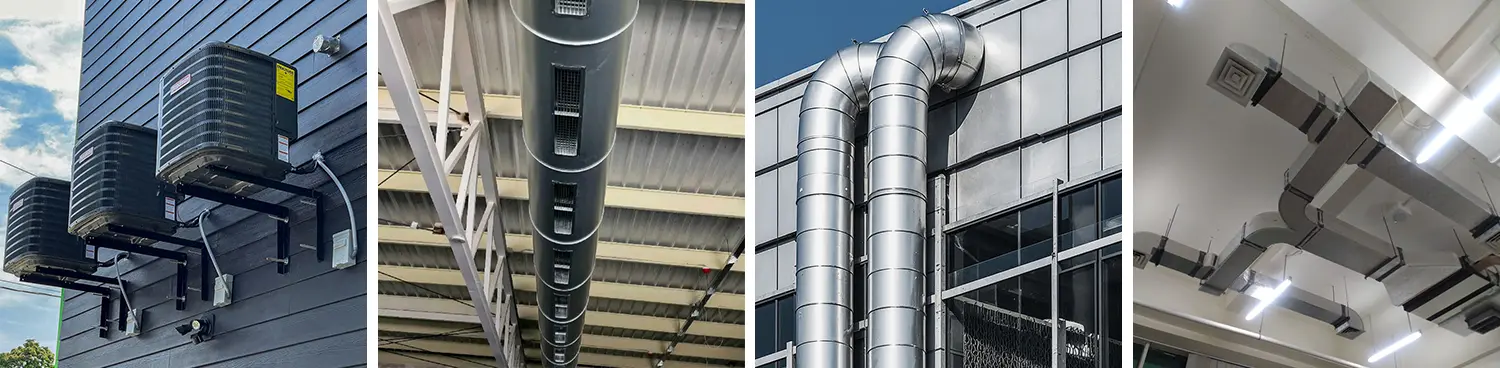 Applications of the 2-chuck fiber laser tube cutting machines in the HVAC industry: air conditioner outdoor unit brackets, central air conditioning main ducts, ventilation ducts, fresh air ducts, etc.
