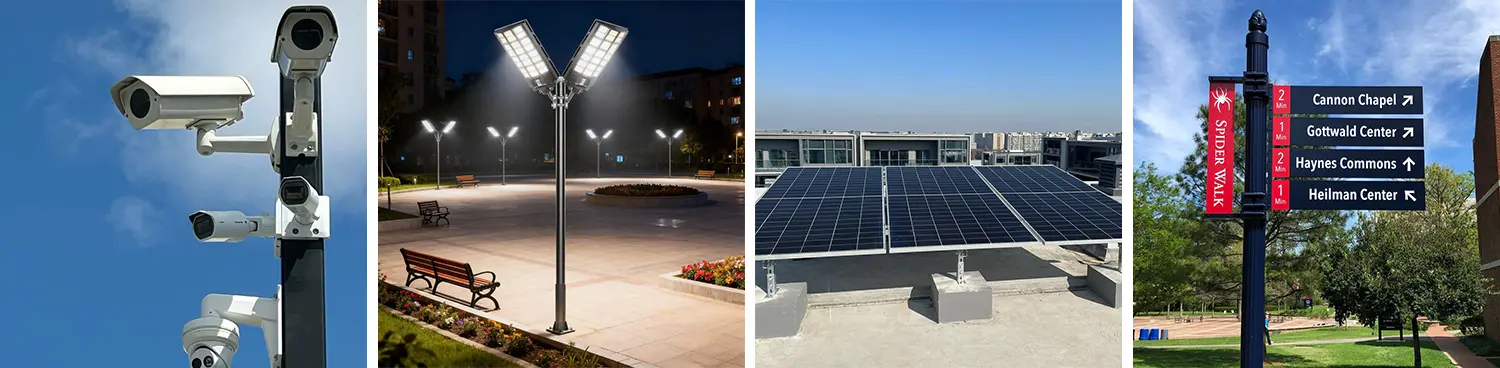 Applications of the 2-chuck fiber laser tube cutting machines in the outdoor equipment industry: outdoor camera brackets, street light poles, photovoltaic equipment brackets, sign brackets, etc.