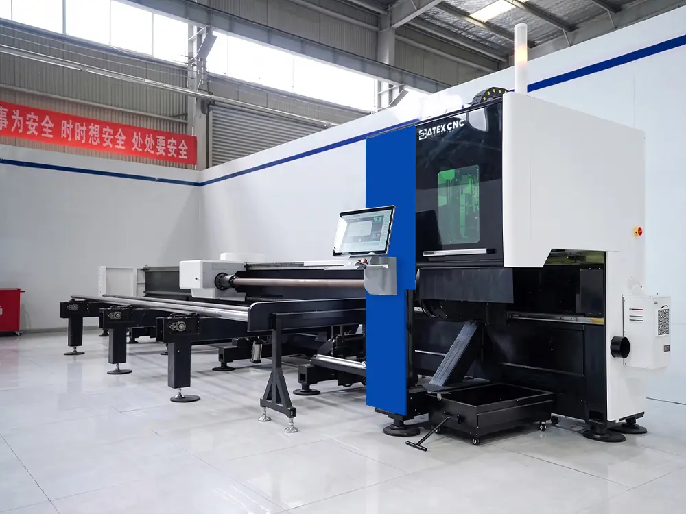 Front left view of the 2-chuck fiber laser tube cutting machine with feeding system