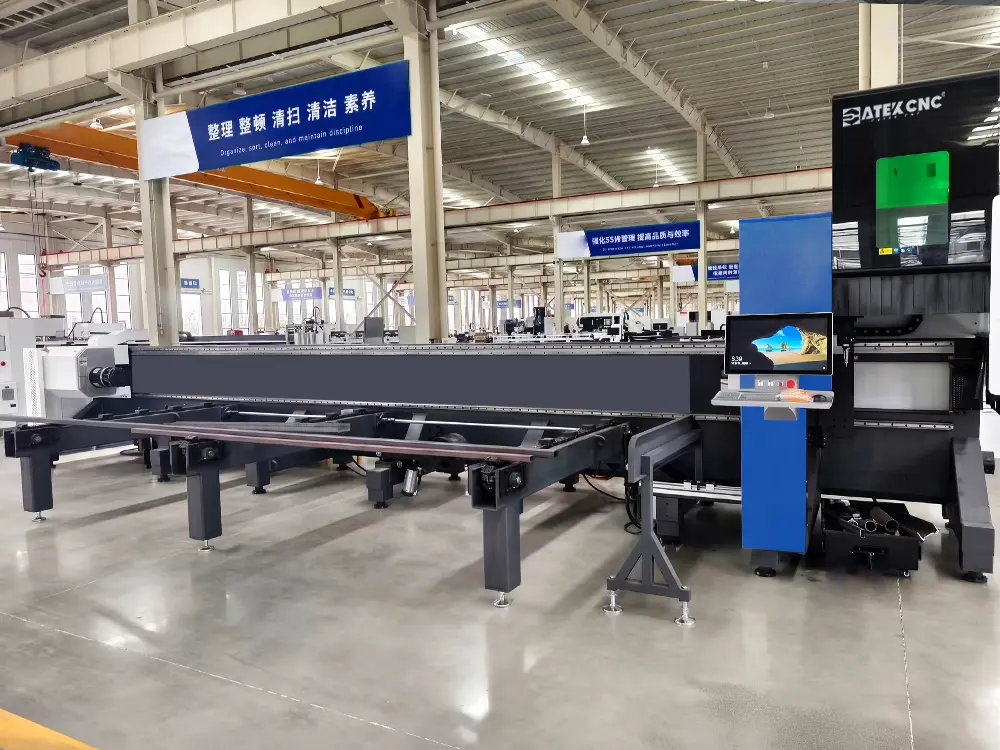 Front view of the 2-chuck fiber laser tube cutting machine with feeding system
