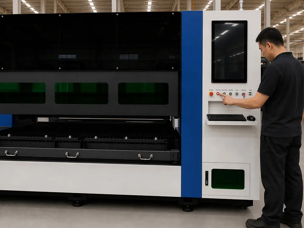 Electric lifting protective door Electric lifting protective door of the enclosed fiber laser sheet cutting machine with pull-out worktable