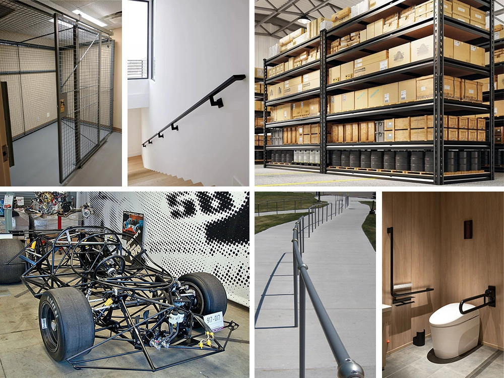 The fiber laser tube cutting machine with an automated loading and unloading system is ideal for manufacturing components such as shelving units, metal partitions, stair handrails, balustrades, kitchen and bathroom grab bars, and automotive chassis frames.