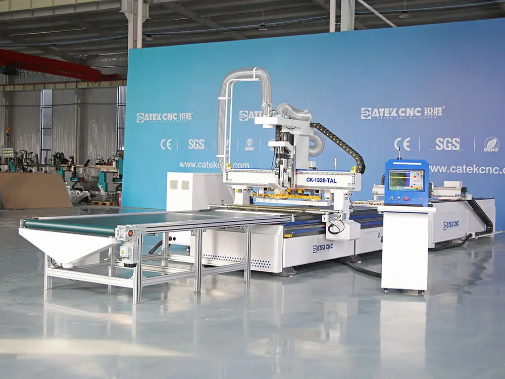 The front left view of 4*9ft linear atc CNC router with automatic loading & unloading and Honeywell labeling machine
